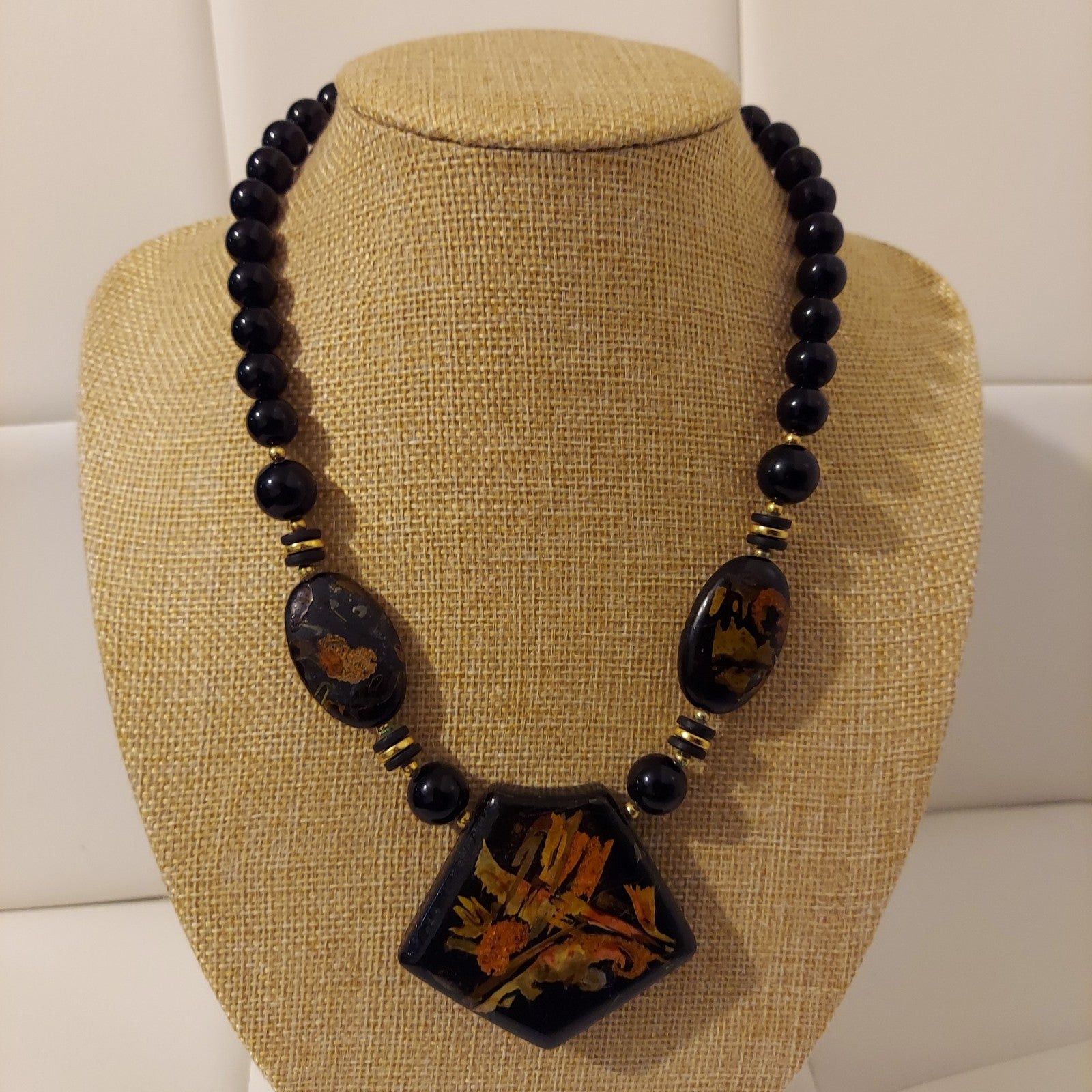 Handmade Vintage Japan Black Beads & Hand Painted Wood 16" Necklace Size ONE SIZE - 1 Thumbnail
