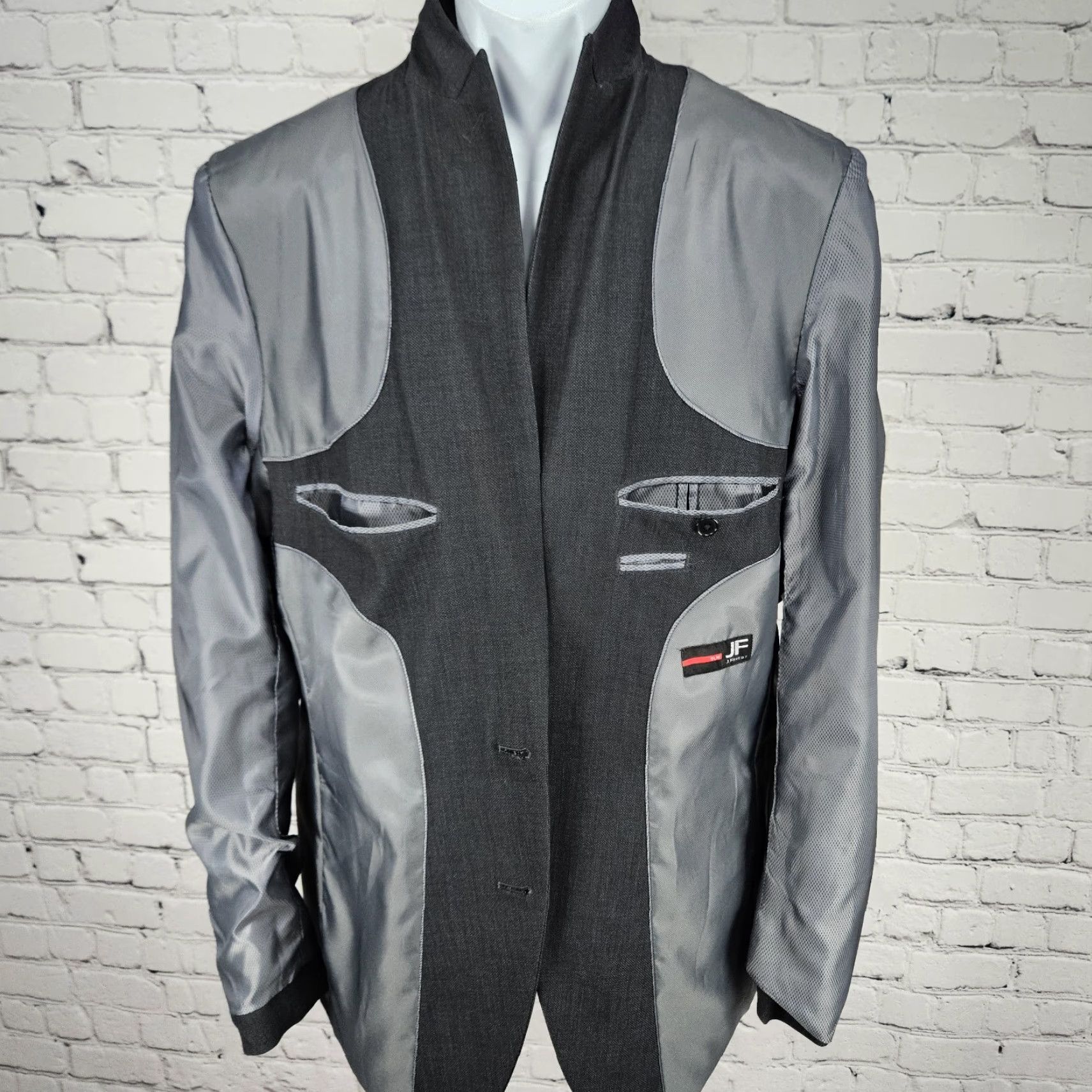 Vintage J Ferrar Slim Fit Stretch 2 Button Double-Vented Peak Blazer Sport Coat 42L Grey Men Size 42R - 5 Thumbnail