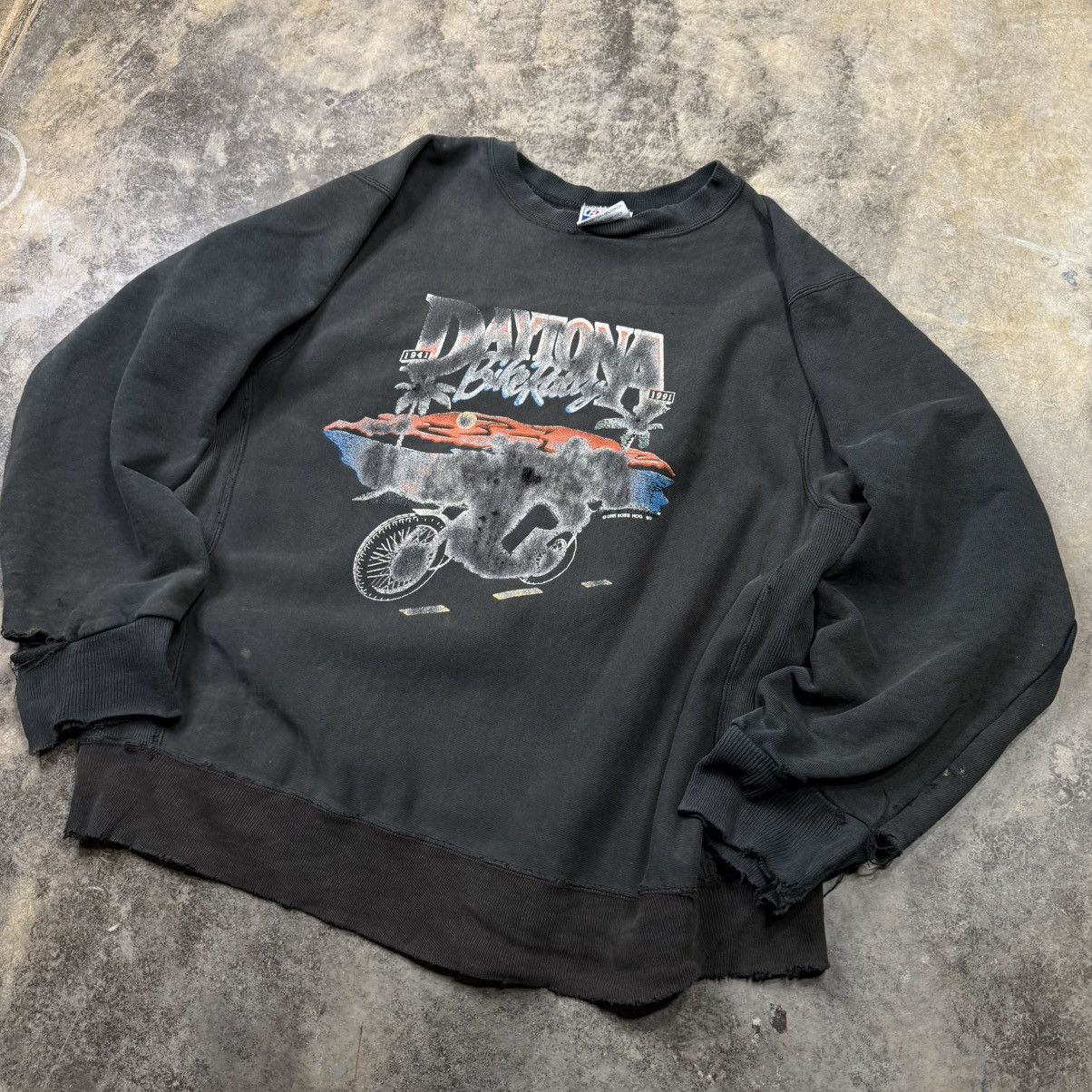 Vintage vintage thrashed biker motorcycle rally weave sweatshirt Size US XL / EU 56 / 4 - 2 Thumbnail