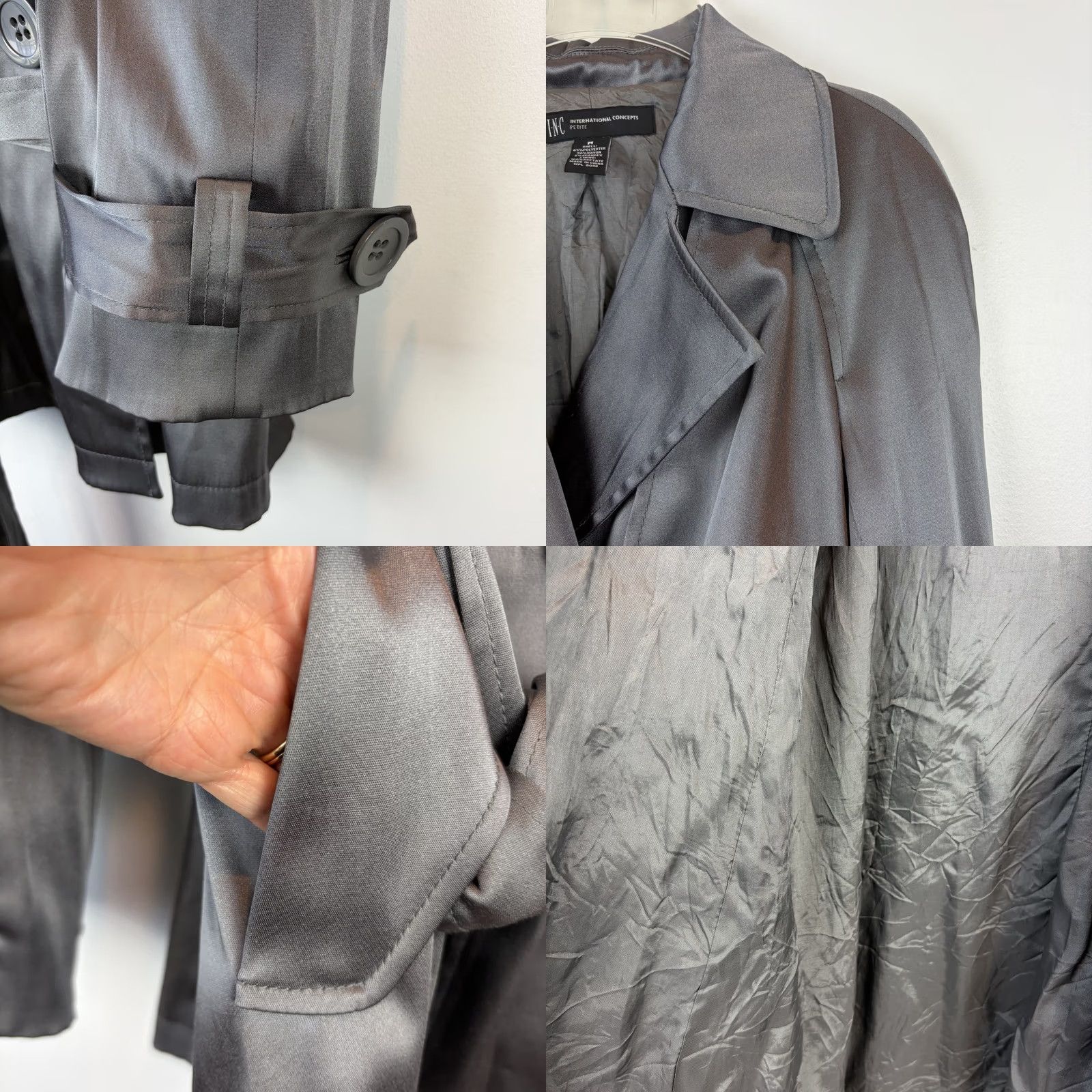 Vintage INC International Concepts Trench Coat Womens M Regular Gray Polyester Buckle Button Double Breasted Spring Fall Winter Coat Size M / US 6-8 / IT 42-44 - 8 Thumbnail