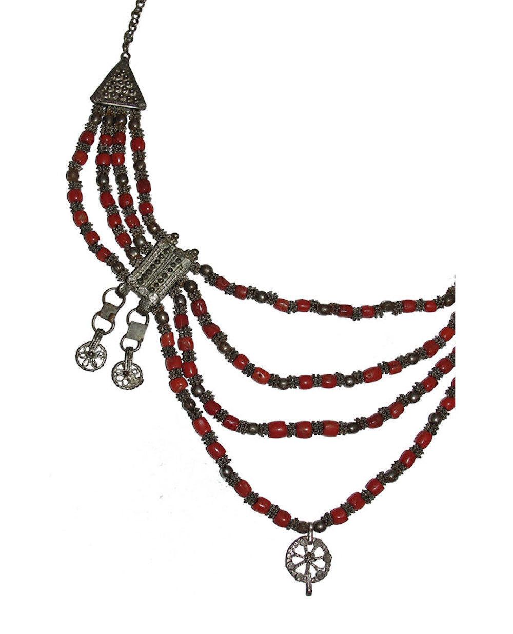 Designer Yemenite Necklace Silver Filigree Mediterranean Red Bead Size ONE SIZE - 5 Thumbnail