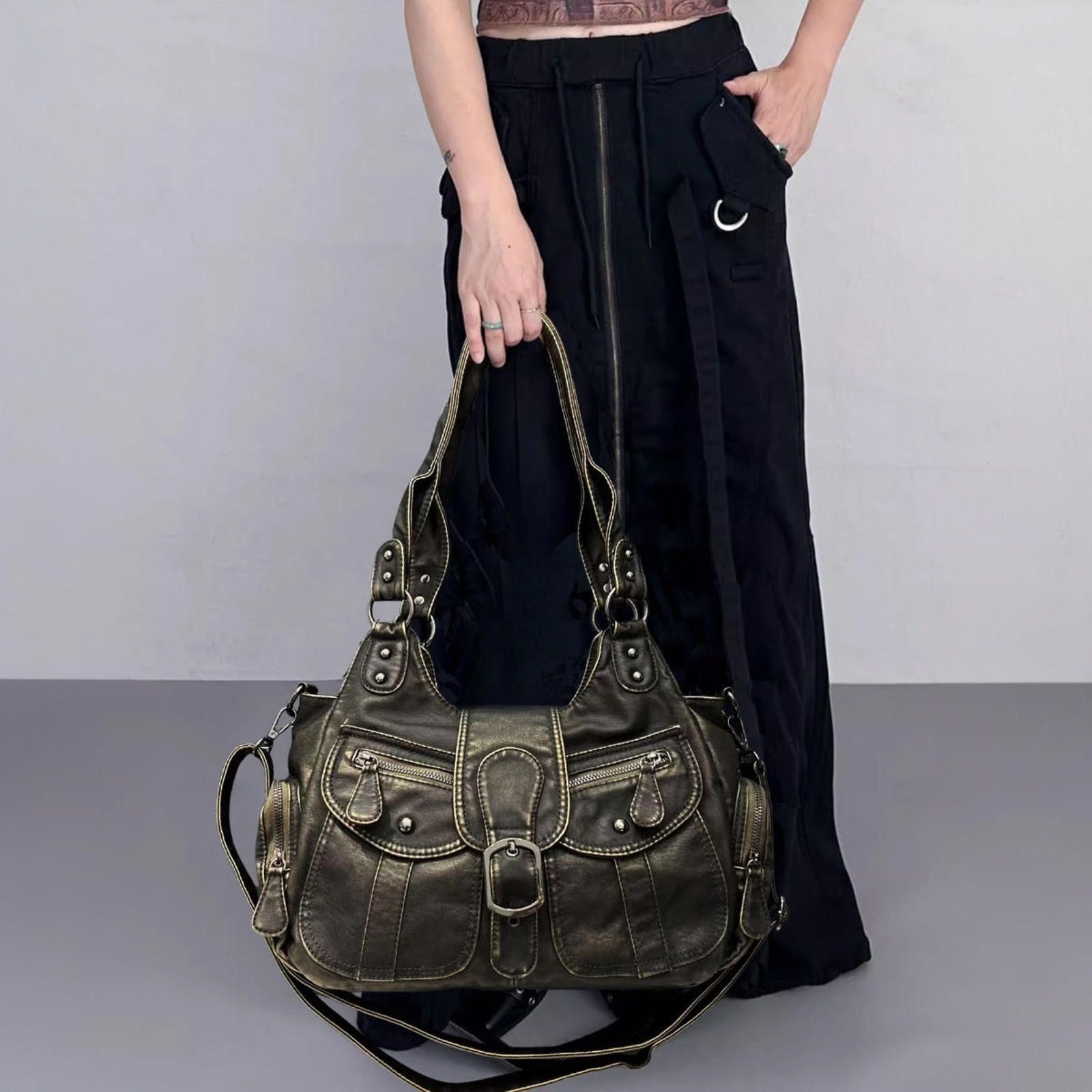 Vintage Black Vintage Style Buckled Leather Handbag, Shoulder Bag Size ONE SIZE - 2 Thumbnail