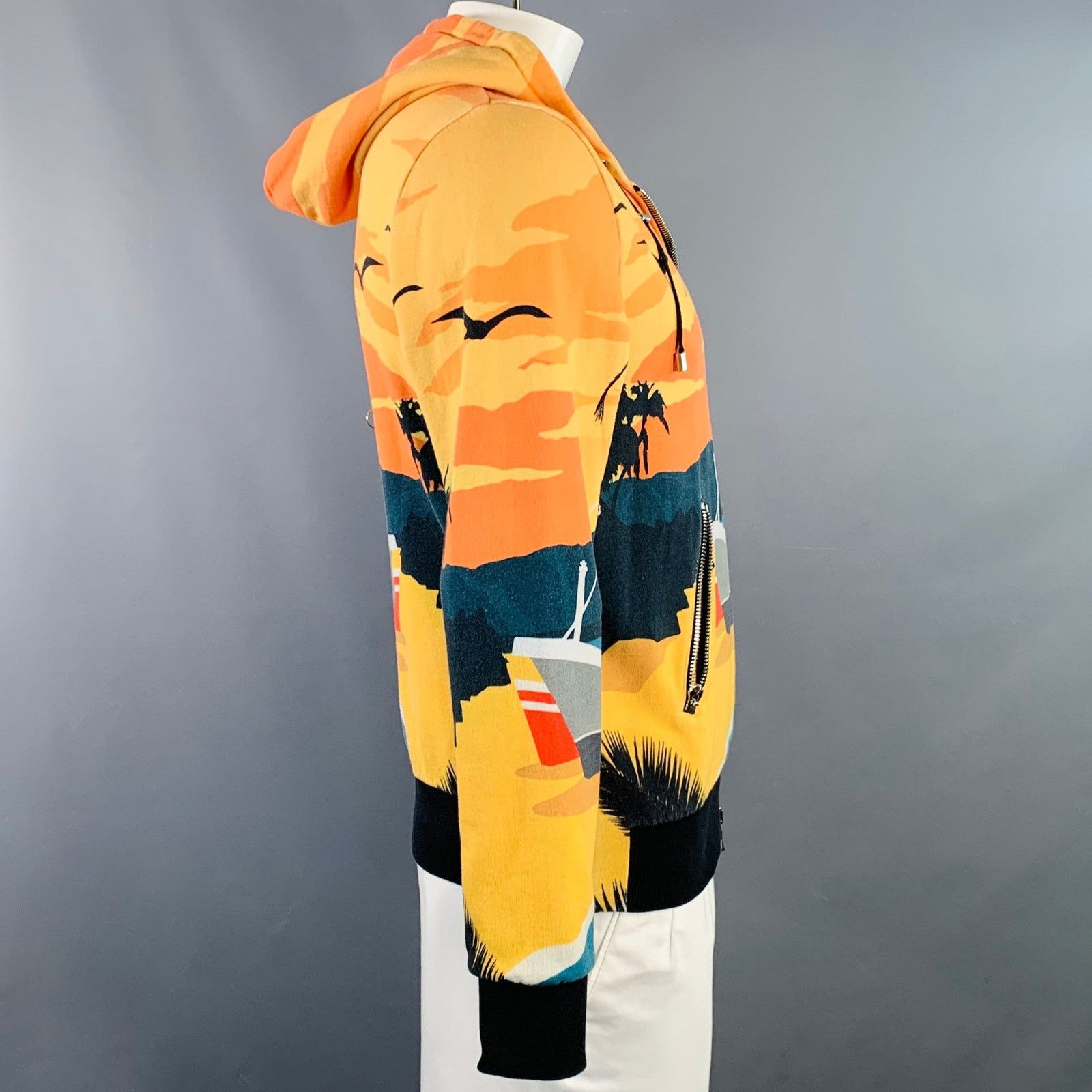 Balmain BALMAIN Orange Blue Tropical Cotton Hooded Zip Up Sweatshirt Size US L / EU 52-54 / 3 - 3 Thumbnail