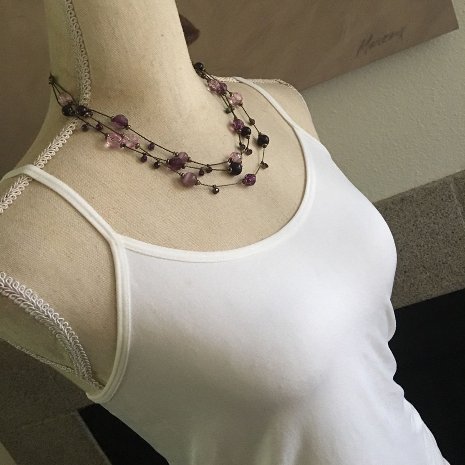 Jewelry Elegant triple strand purple tone glass bead stone necklace Size ONE SIZE - 2 Thumbnail