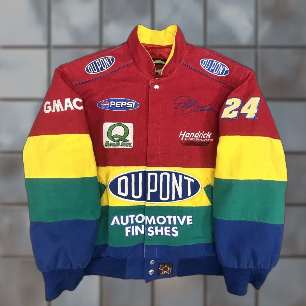 VINTAGE Jeff Hamilton NASCAR Jacket Mens M 90s Rainbow Multicolor DuPont 24 Hendrick Motorsports Bomber Jacket Shirt?