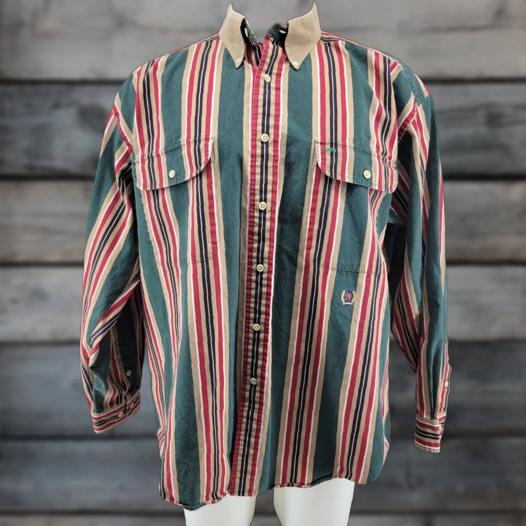 Tommy Hilfiger VINTAGE Tommy Hilfiger Mens Striped Button-Up Shirt XL 90s Crest Logo Cotton Green Shirt Button-Front Mens Regular Size US XL / EU 56 / 4 - 1 Thumbnail