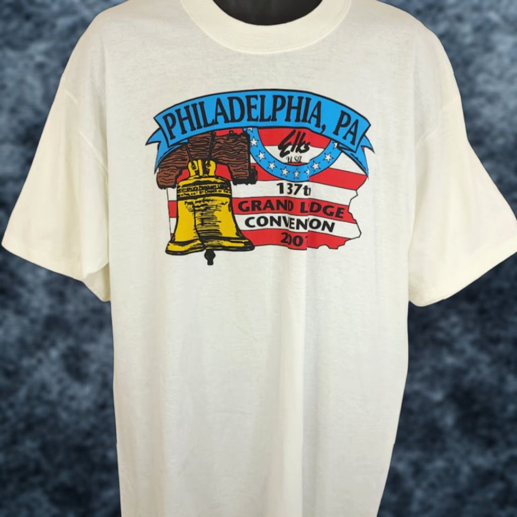 Gildan VINTAGE Philadelphia Elks T Shirt Mens XL White Cotton Gildan 2000s Grand Lodge Convention American Flag 90s Patriotic Liberty Bell Mens Size US XL / EU 56 / 4 - 1 Thumbnail