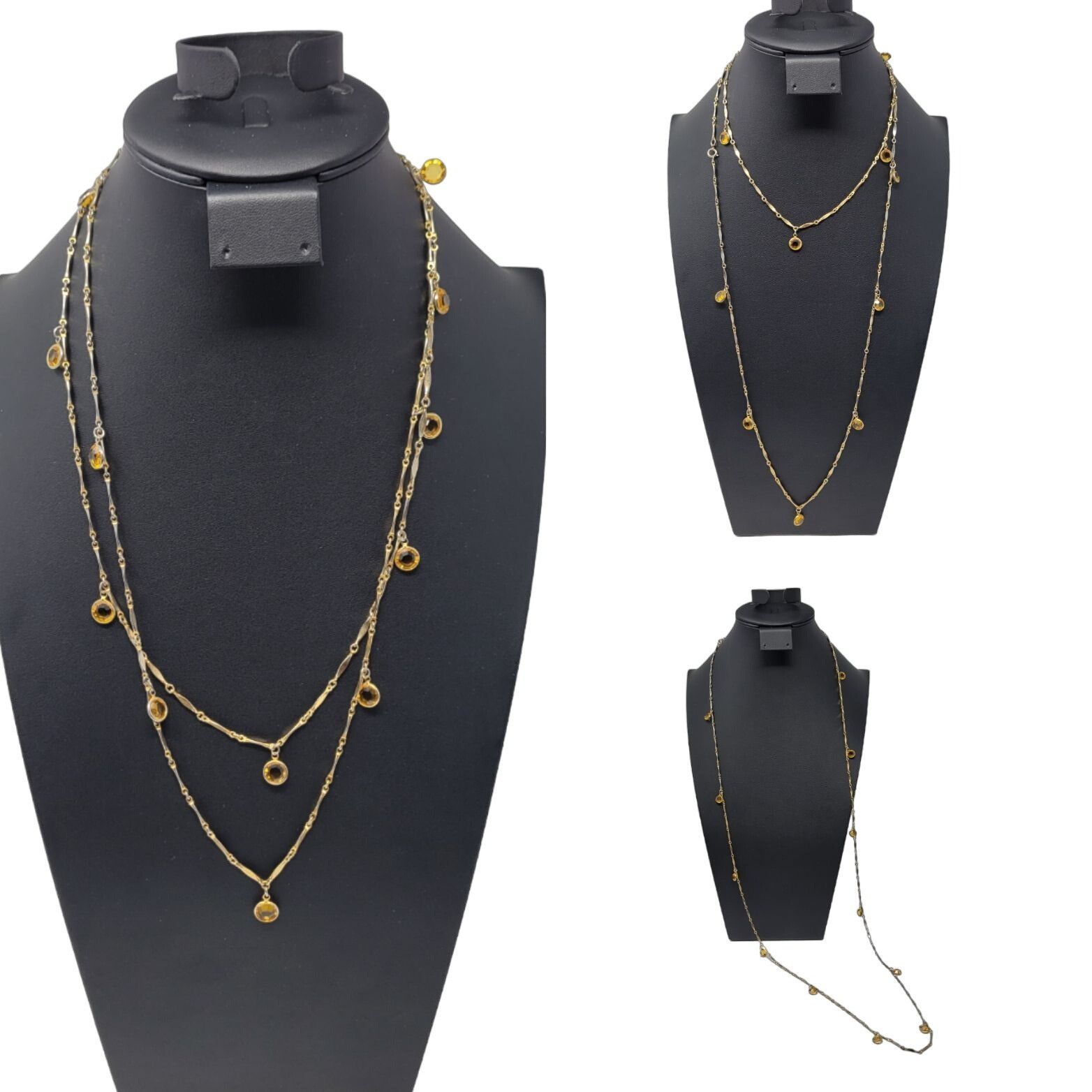 Vintage Gold Tone Link Bar Faceted Critine Flapper Necklace