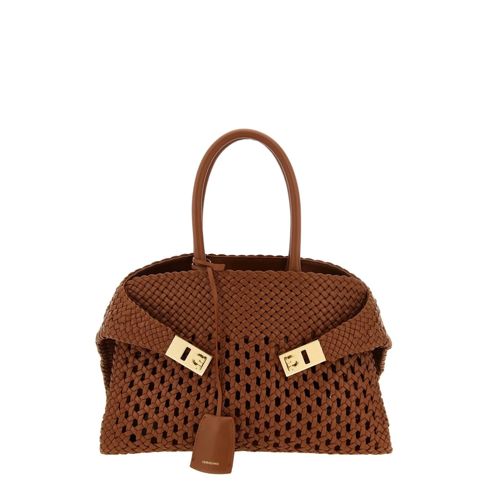 Salvatore Ferragamo FERRAGAMO Hug Th S Brown Woven Leather Top Handle Bag New & Size ONE SIZE - 1 Thumbnail