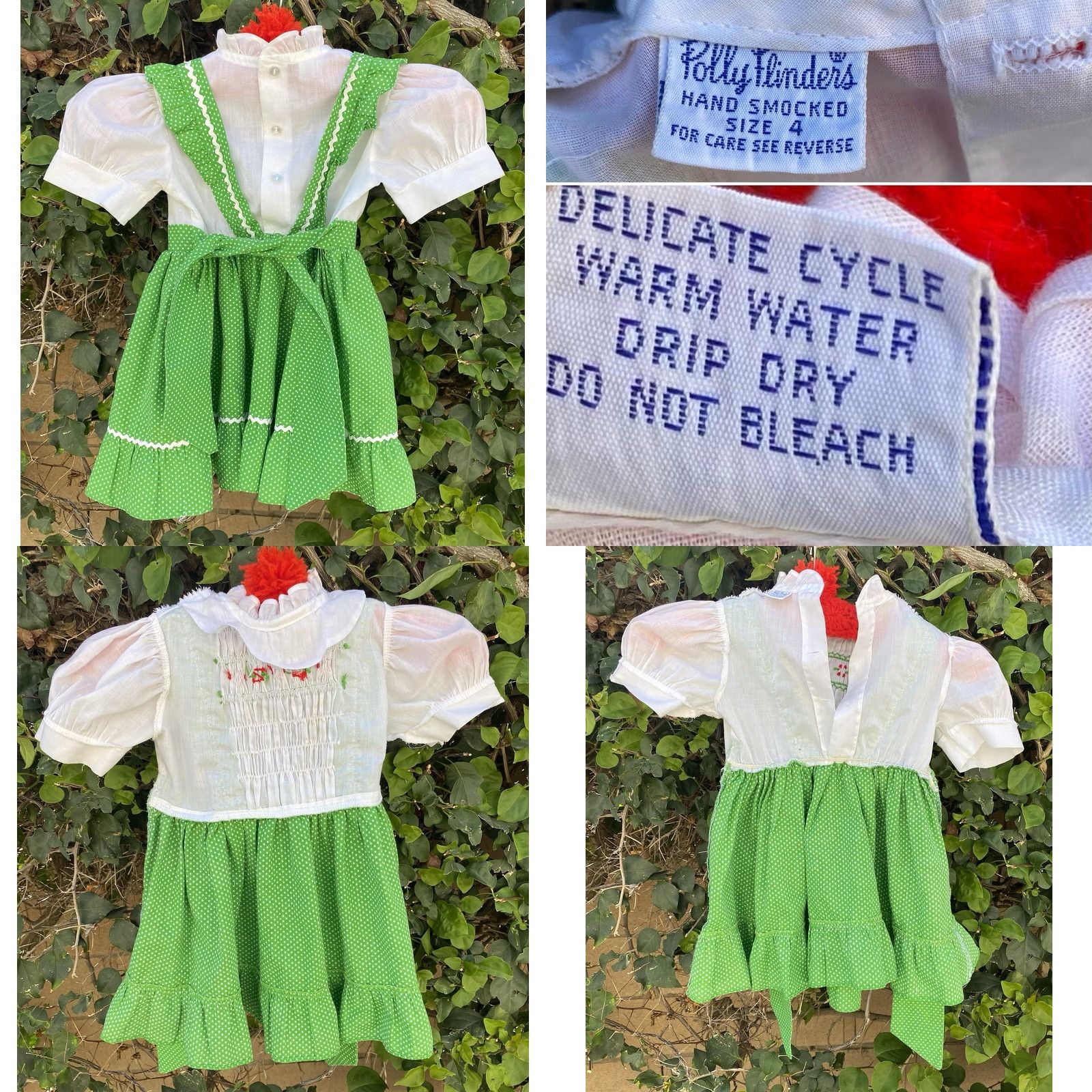 Vintage VINTAGE Polly Flinders Hand Smocked Dress Green Polka Dot Girls Size 4 70s 80s Size ONE SIZE - 8 Thumbnail