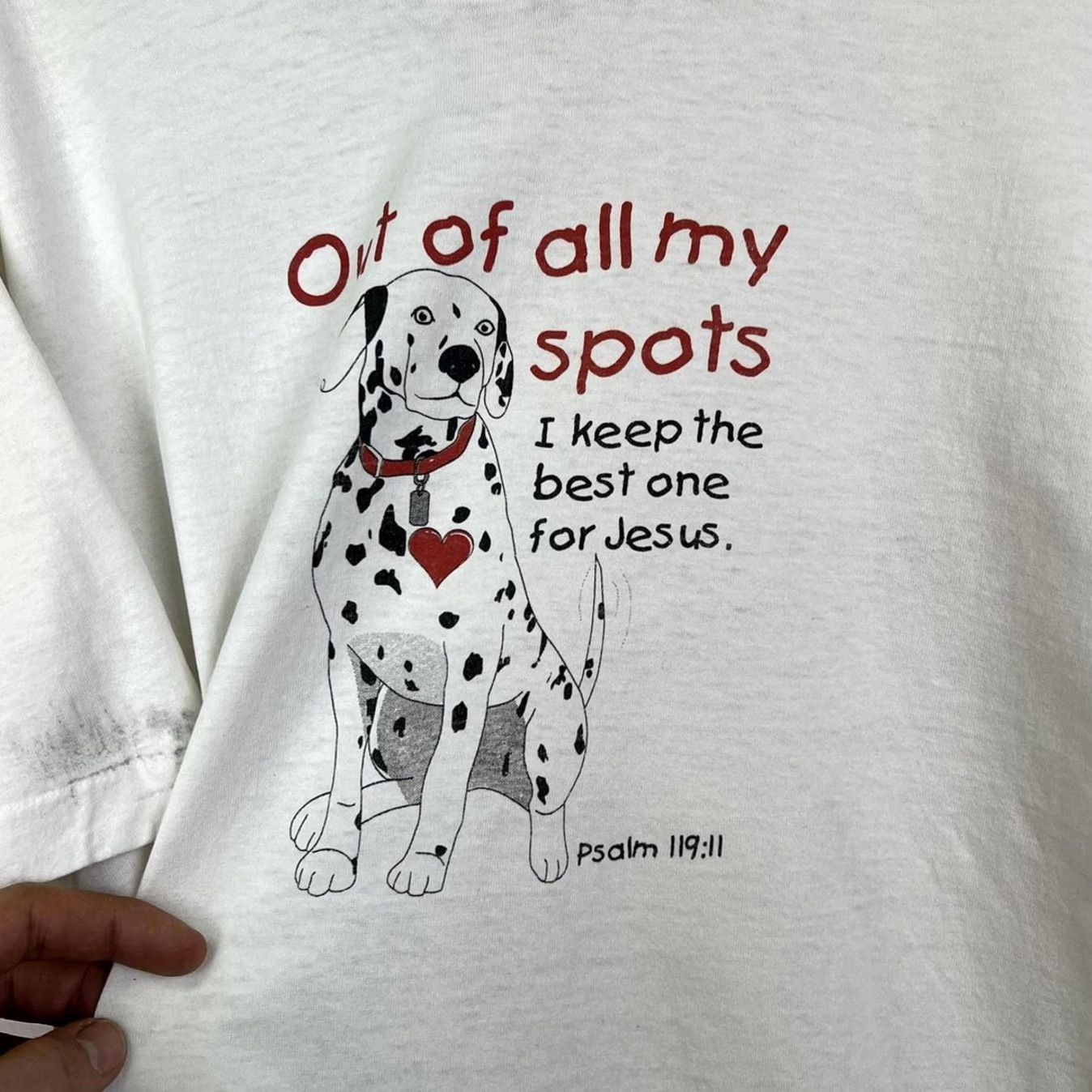 Fruit Of The Loom Funny Dalmatian Graphic Tee - Out of All My Spots 90s vintage Shirt Adult XL White Nike Size US XL / EU 56 / 4 - 3 Thumbnail