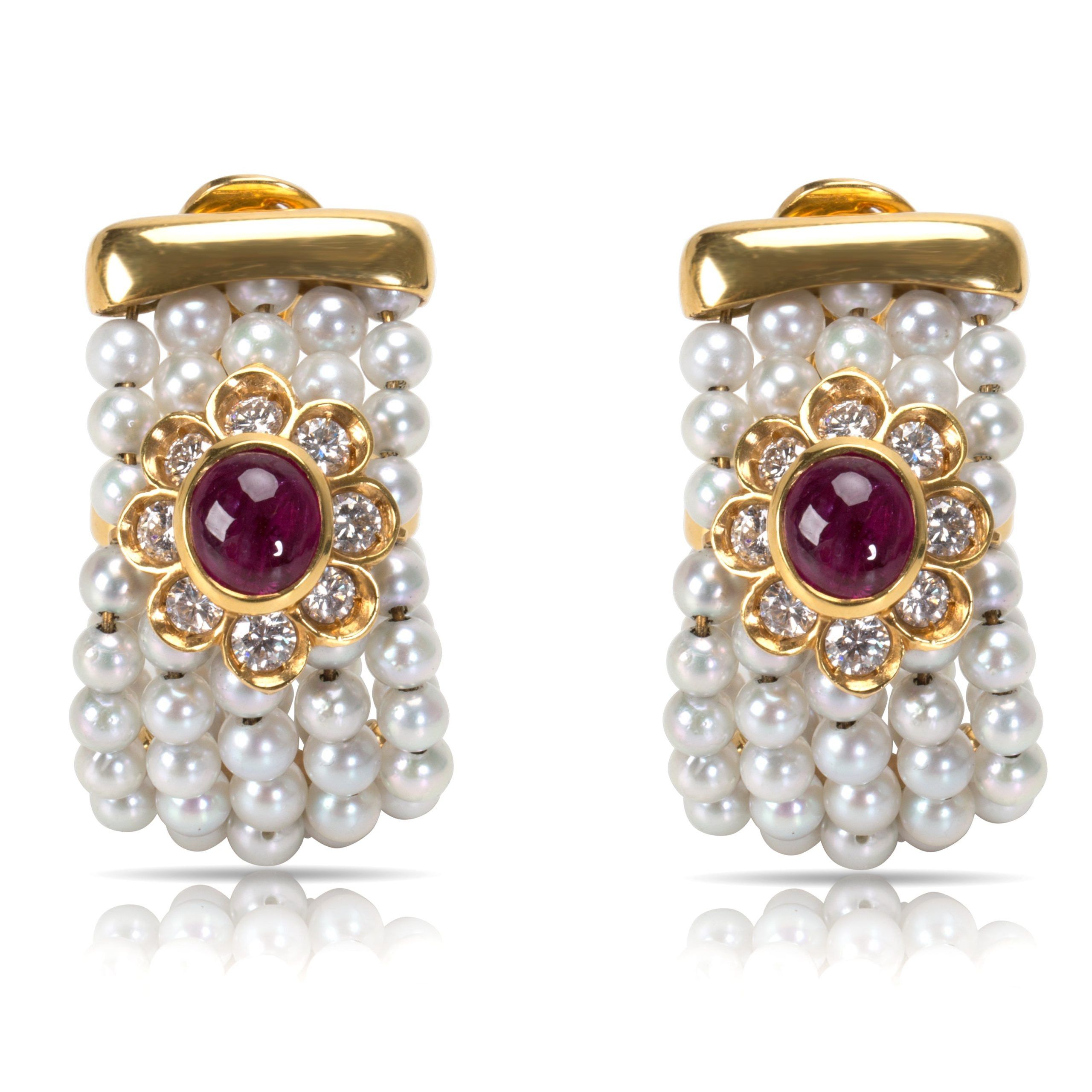 image of Diamond, Pearl & Ruby Earrings In 18K Yellow Gold 1.8Ctw, Women's