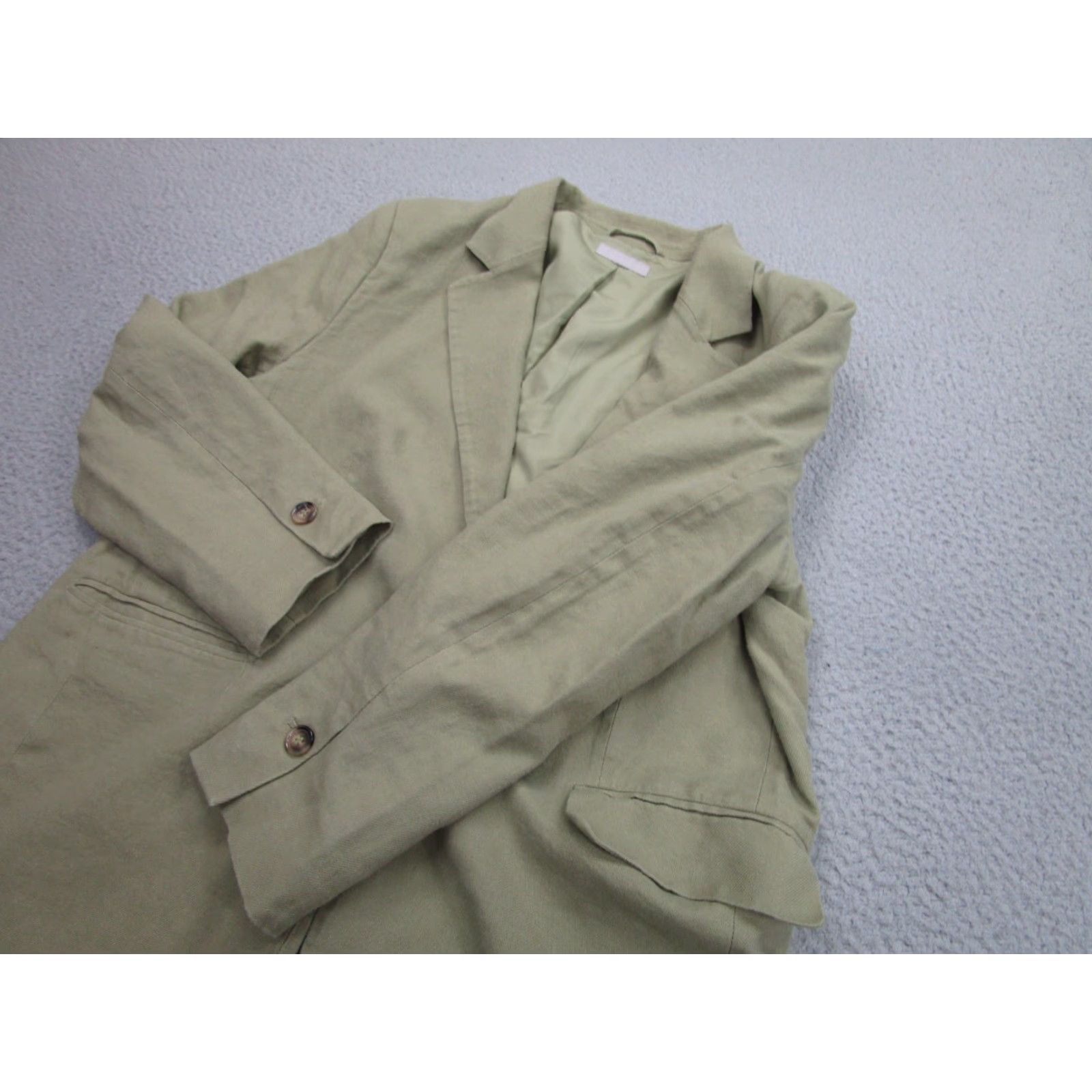 H&M H&M Blazer Mens L Linen Jacket Coast Travel Preppy Notch Lapel Slim 2 Piece Olive Green/Olive Beige Green Solid Size 42R - 4 Thumbnail