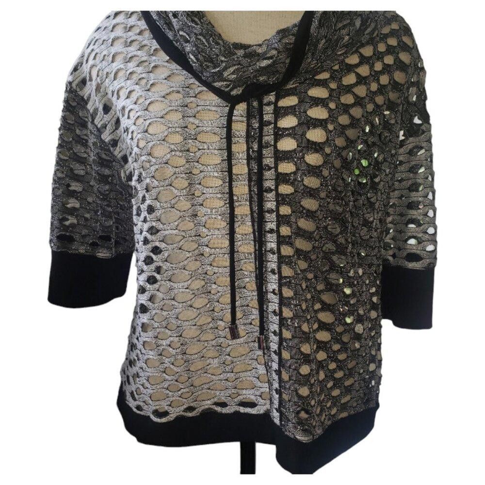 Designer CT1566 Joseph Ribkoff Silver & Black Cowl Neck Blouse Size L / US 10 / IT 46 - 3 Thumbnail