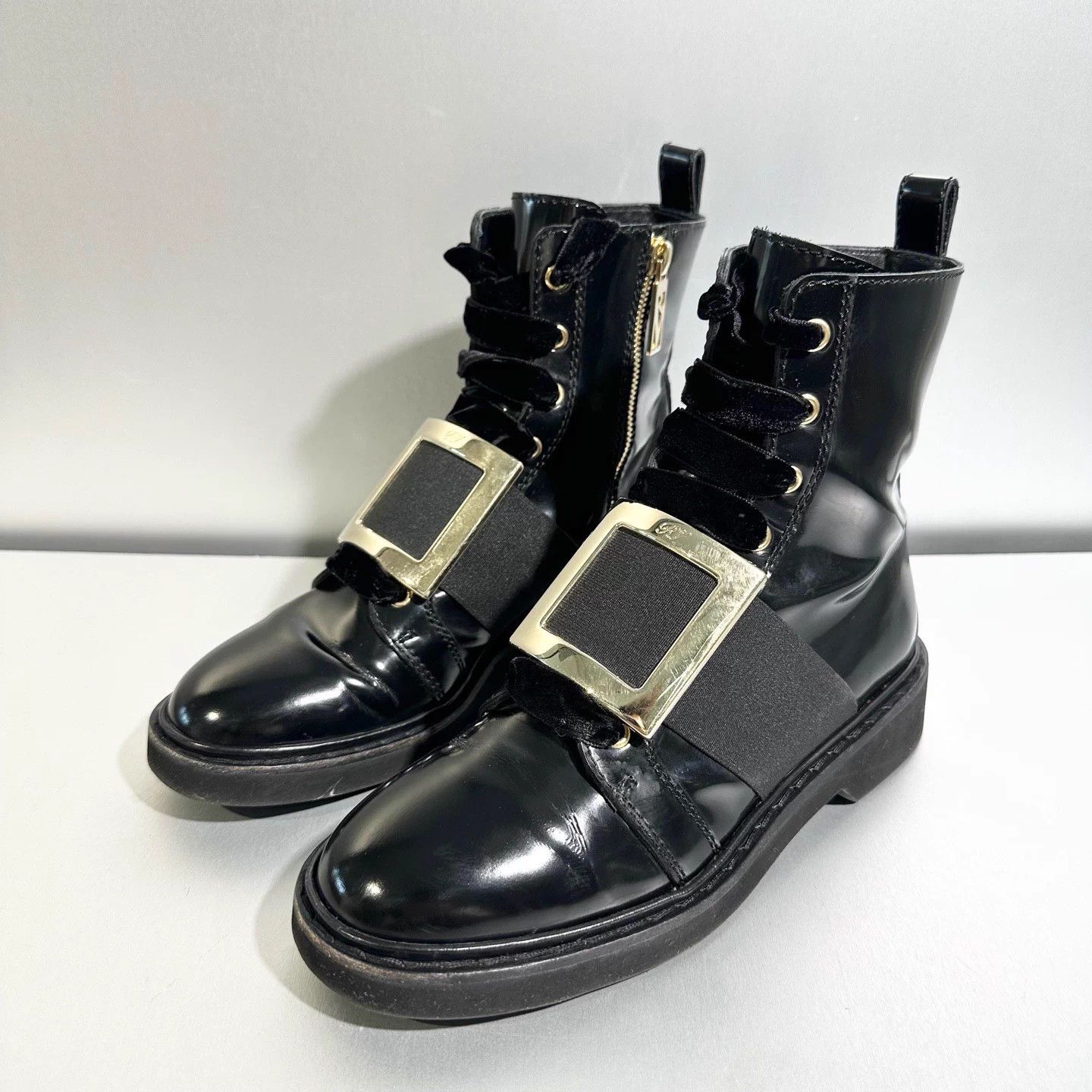Roger Vivier RV Black Patent Leather Buckle Martin Boots 37 Size US 6 / IT 36 - 1 Thumbnail