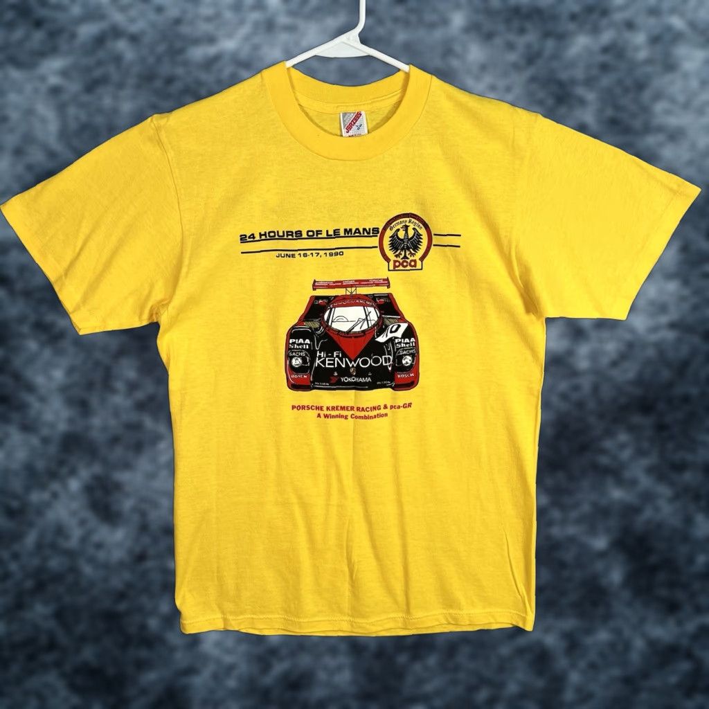 VINTAGE 1990s Le Mans Porsche Kremer 962 T Shirt Adult Large Yellow Sportswear Graphic Tee