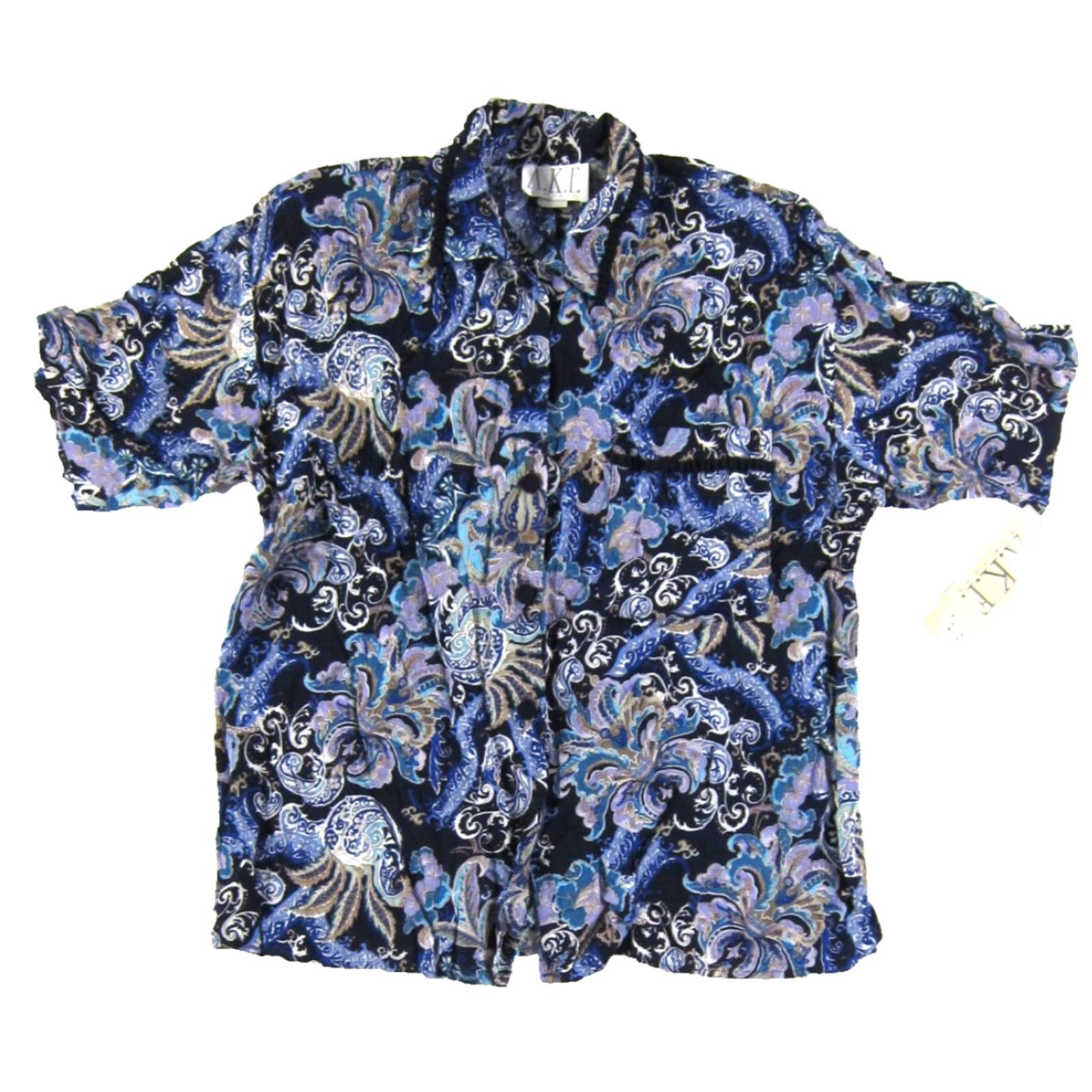 Vintage VINTAGE A.K.F. New York Blouse Shirt M Blue Paisley 80s 90s Floral Rayon Short Sleeve Womens Size M / US 6-8 / IT 42-44 - 2 Thumbnail