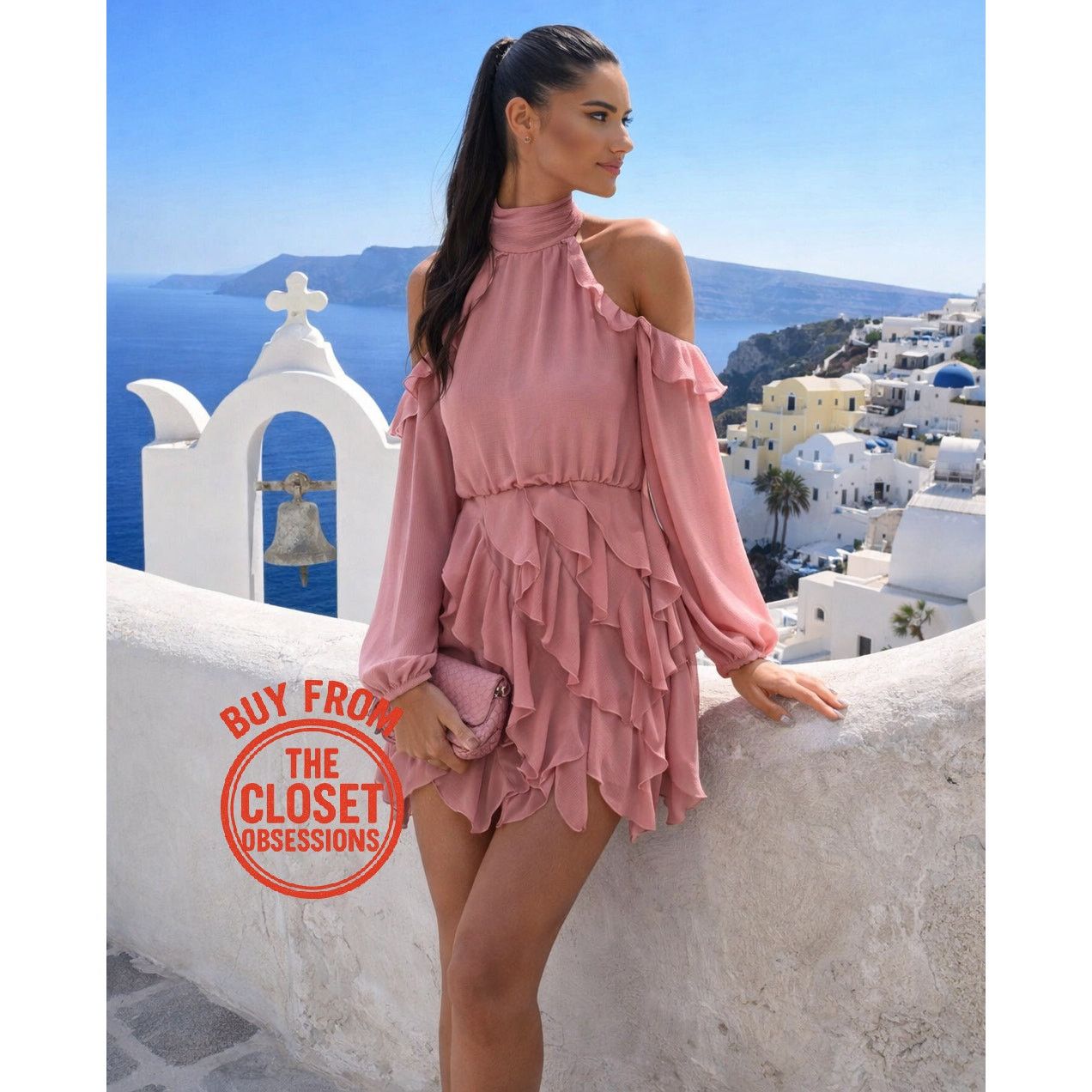 Zara Pink High Collar Ruffle Mini Dress NWT L