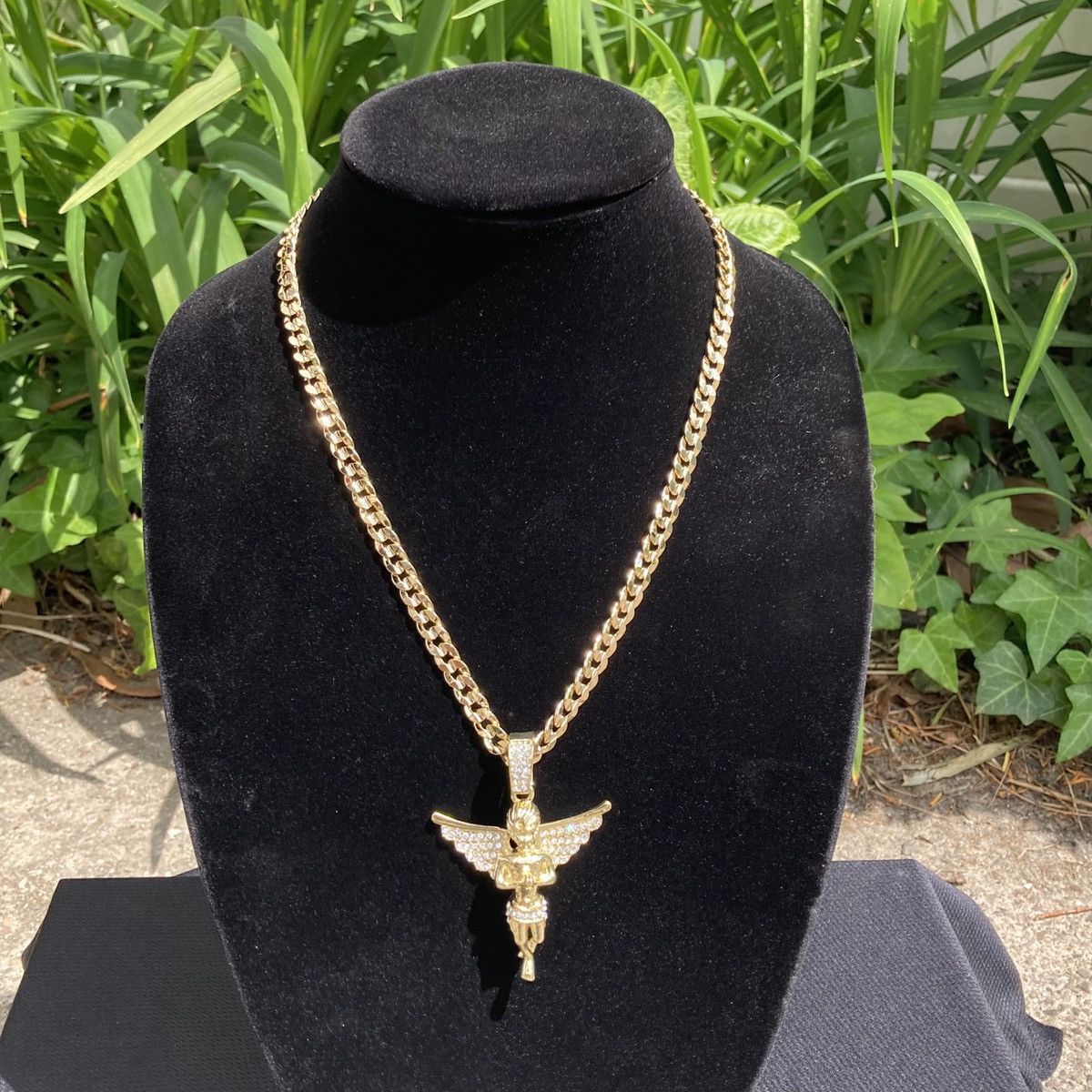 Jewelry Gold Chain Cuban Curb Necklace 24in 7mm and Icy Angel Charm Size ONE SIZE - 2 Thumbnail