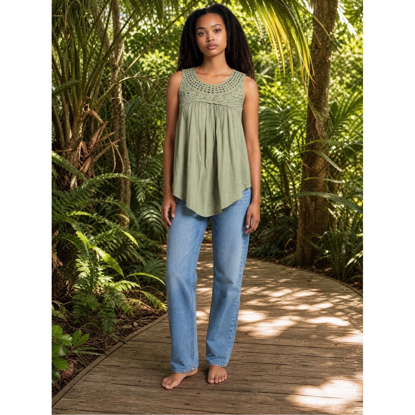 Other Spense Olive Crochet-Yoke Sleeveless Tunic Top Size L Size L / US 10 / IT 46 - 1 Thumbnail