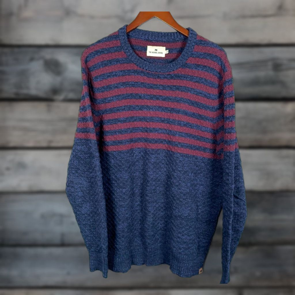 J Brand The Normal Brand Sweater Adult Large Blue Red Striped Chunky Knit Crewneck Mens 90s Preppy Size US L / EU 52-54 / 3 - 1 Thumbnail