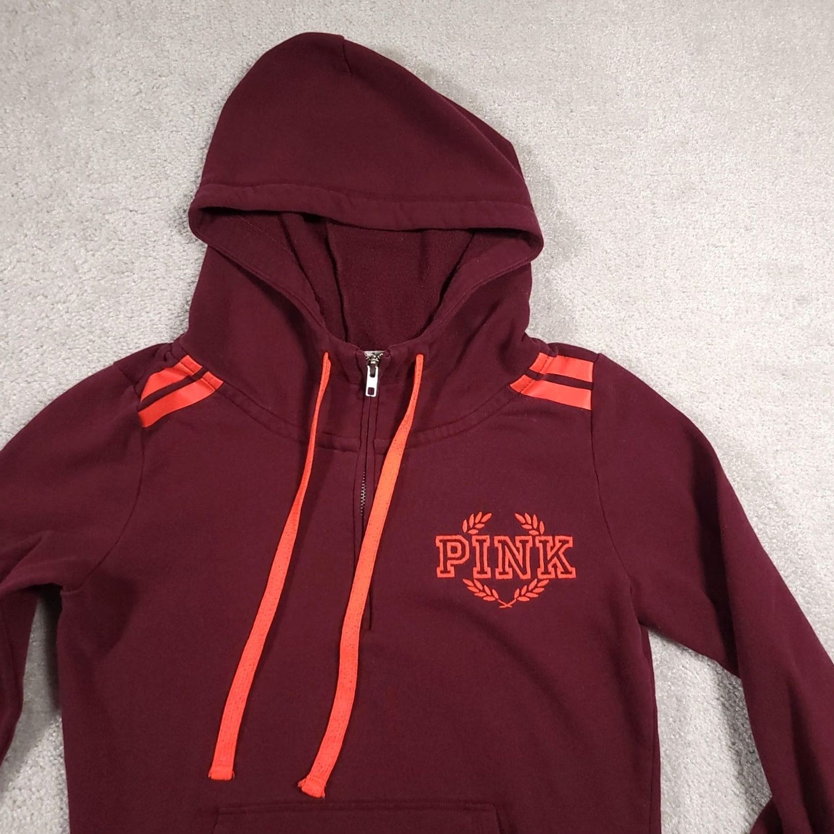 Victoria's Secret VINTAGE? No — exclude. PINK Victoria's Secret Hoodie Womens XS Maroon Pullover 1/2 Zip Hooded Pockets Embroidered Logo Lights Size XS / US 0-2 / IT 36-38 - 3 Thumbnail