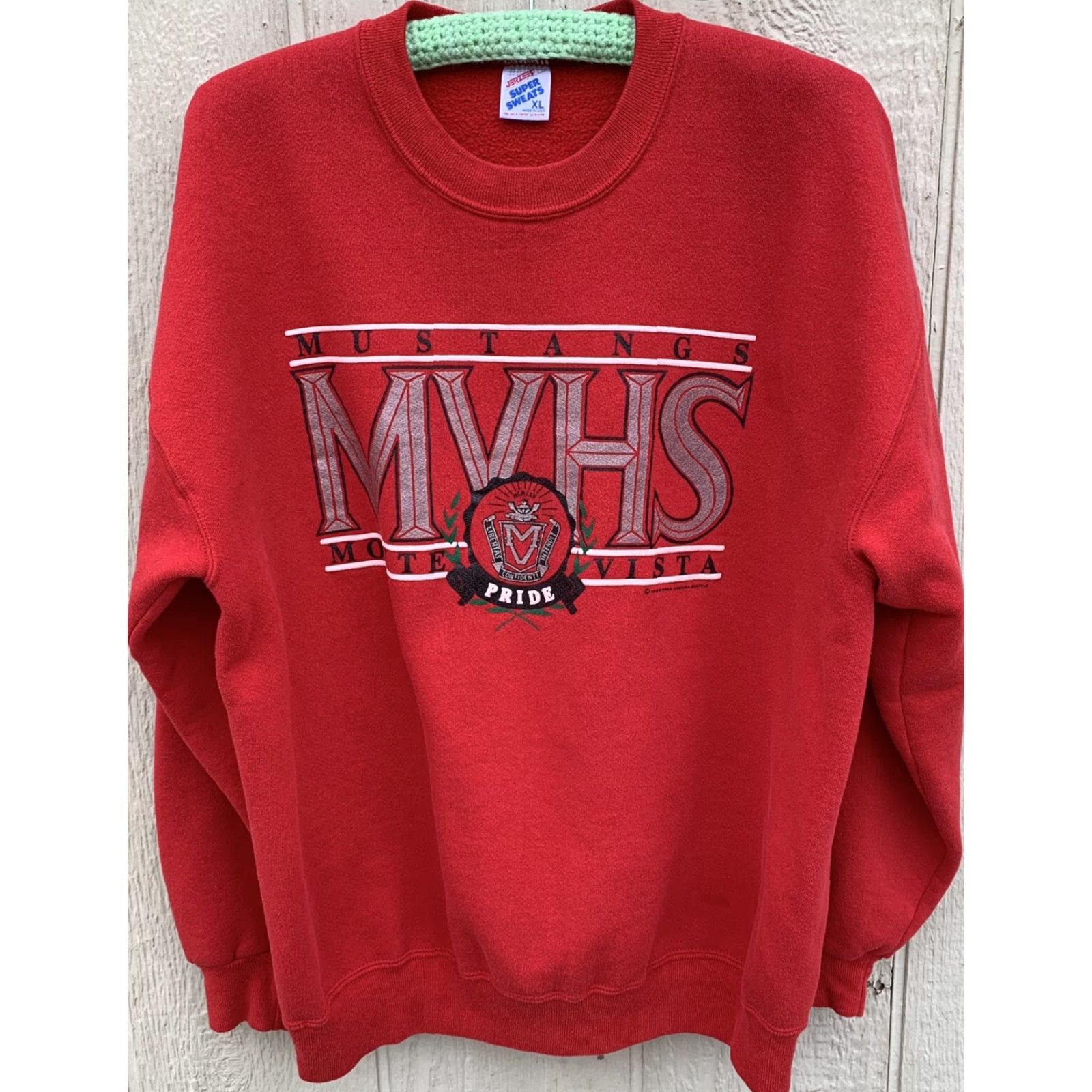 Jerzees VINTAGE Mustangs MVHS Monte Vista graphic sweatshirt XL Men Crew Neck Long Sleeve Red Pullover Sweatshirt Graphic Print USA Made Size US XL / EU 56 / 4 - 2 Thumbnail