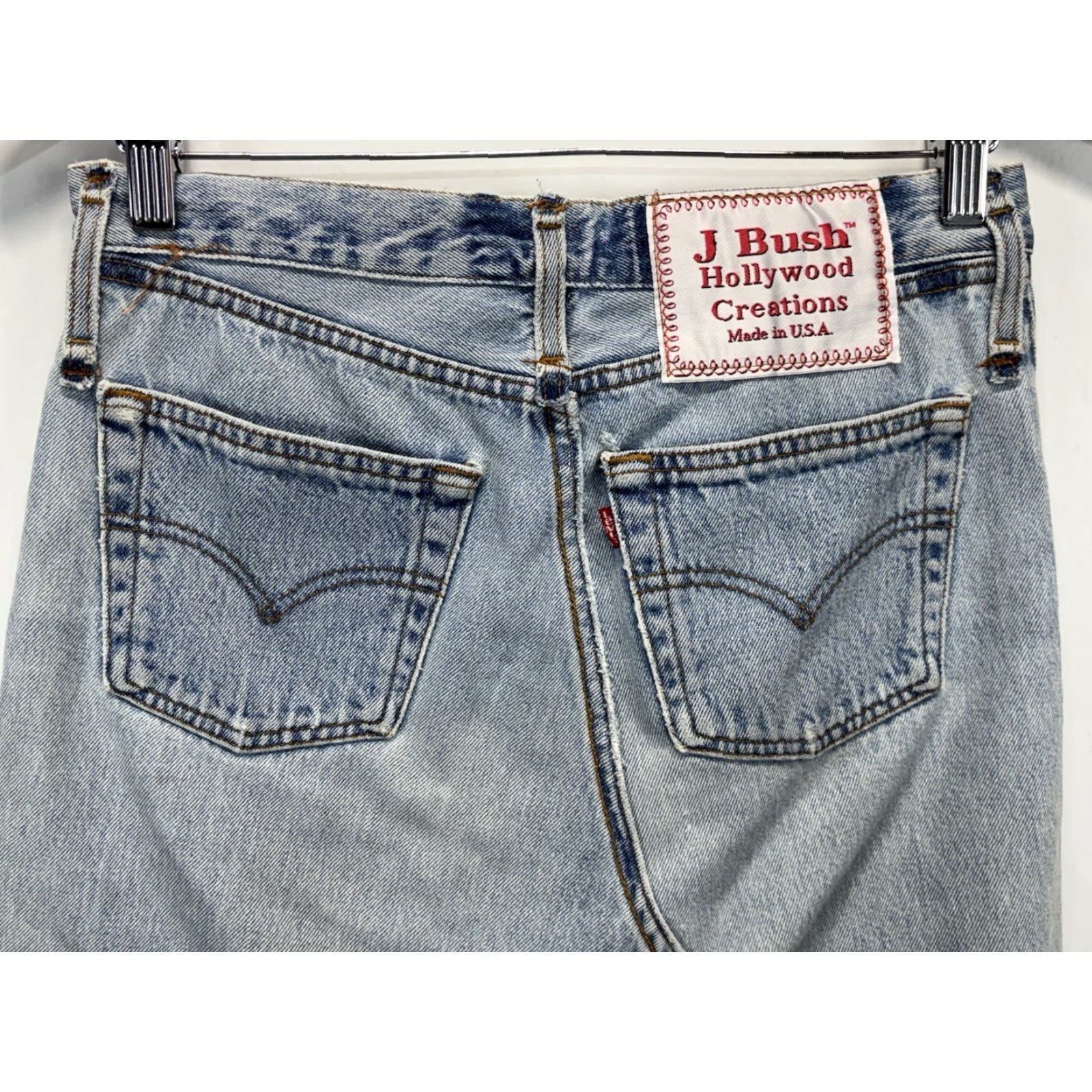 Levi's VINTAGE Levi's X J Bush Hollywood Creations Button Fly Denim Skirt Women 29 Blue 29" Waist Knee-Length Distressed Raw Hem 90s USA Womens Size 29" - 6 Thumbnail
