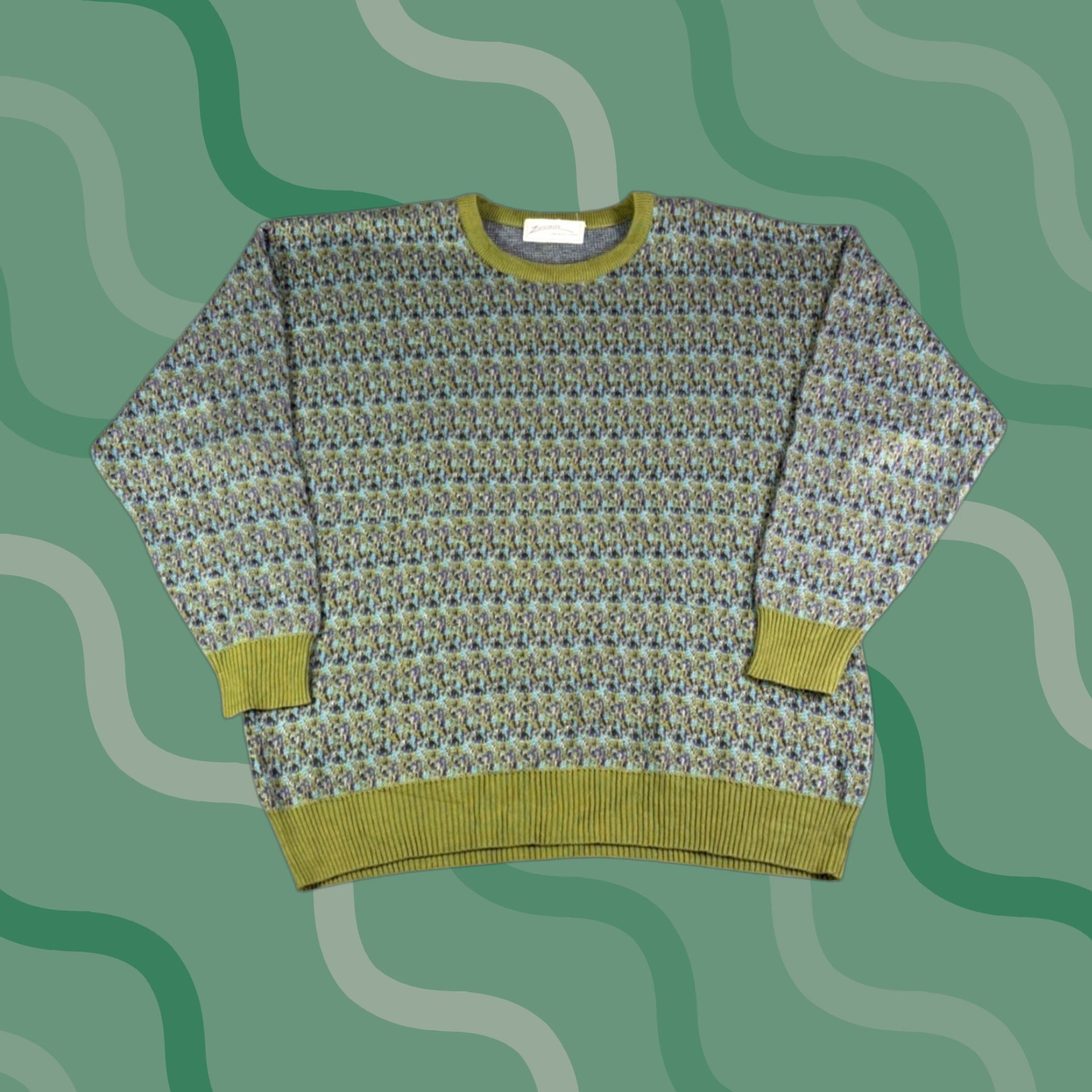 Olive VINTAGE Zuccolos Fine Mens Clothing Crewneck Sweater Olive Green Blue Geometric Knit Pattern 90s Size US L / EU 52-54 / 3 - 1 Thumbnail