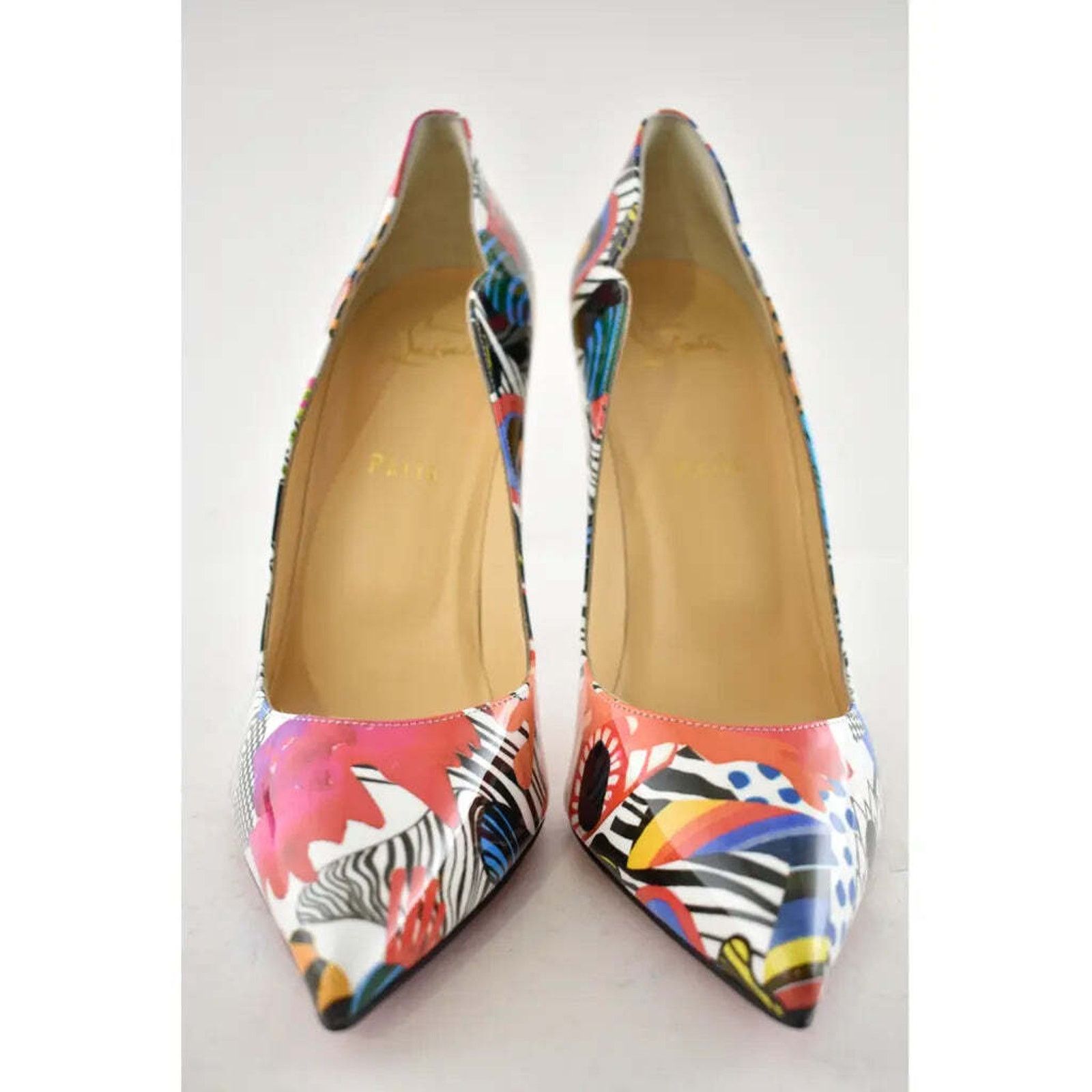 Christian Louboutin Hot Chick 100 Patent Sapeur Black Multicolor Heel Pump 37.5 Size US 7.5 / IT 37.5 - 6 Thumbnail
