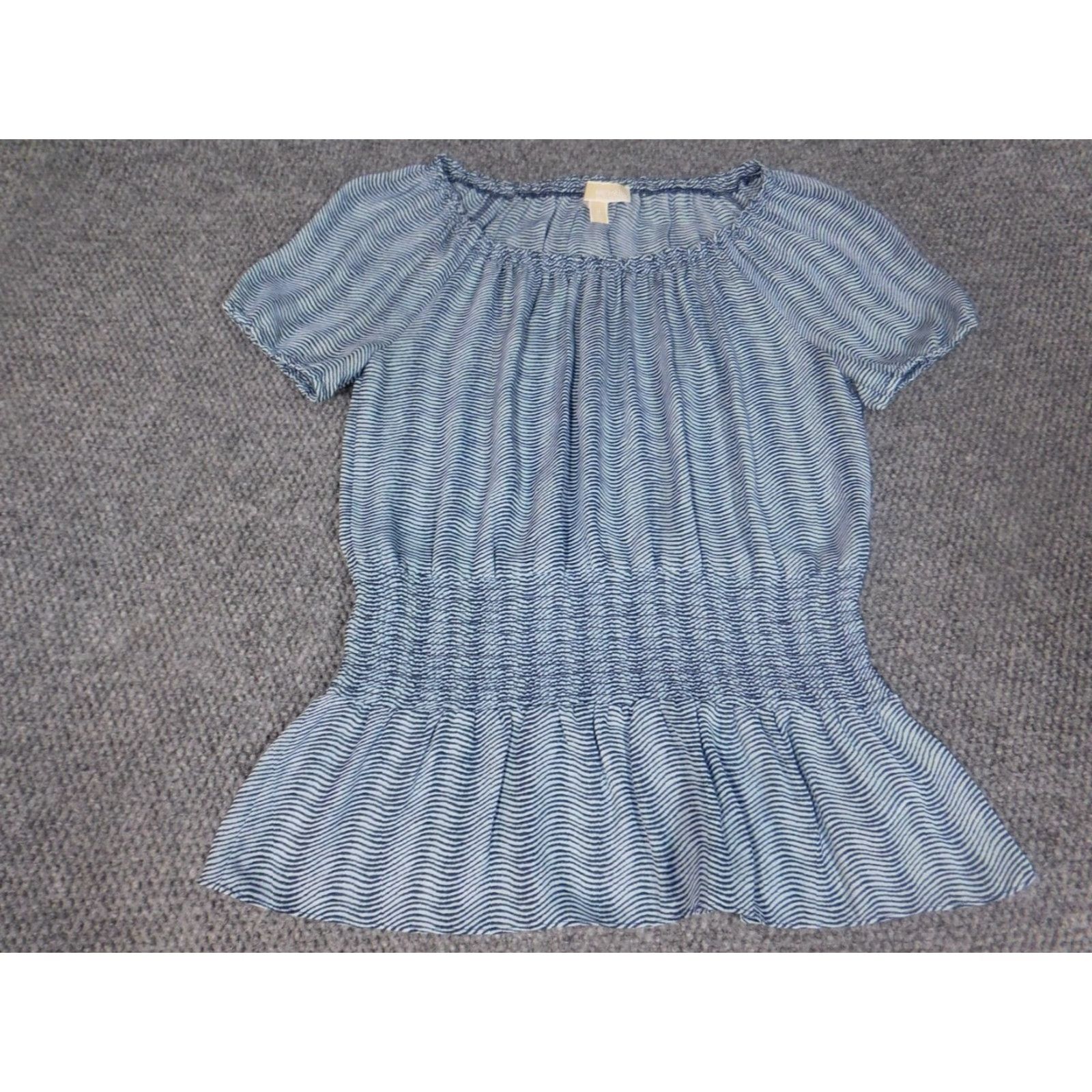 Michael Kors Michael Kors Womens Blouse M Blue Striped Crew Neck Pullover Short Sleeve Dolman Stretch Ruffle Polyester Rayon Casual Classic Regular Modern Size M / US 6-8 / IT 42-44 - 4 Thumbnail