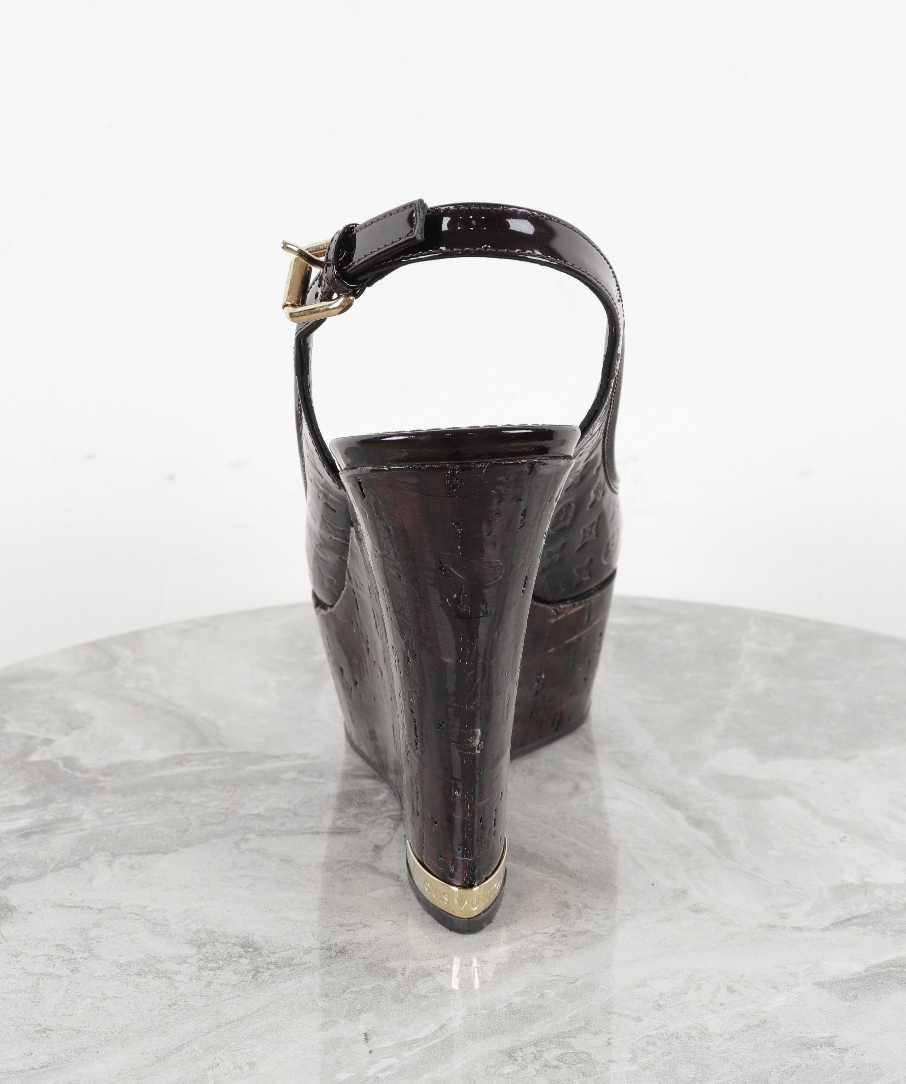 Louis Vuitton Louis Vuitton Monogram Patent Leather Burgundy Wedge Sandals Size US 7.5 / IT 37.5 - 6 Thumbnail