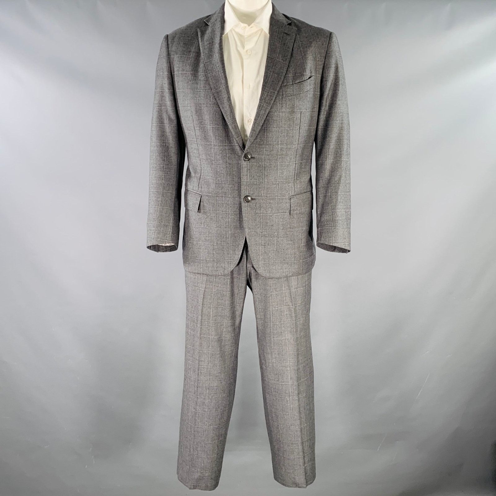 Size 46 Grey White Window Pane Wool Notch Lapel Suit
