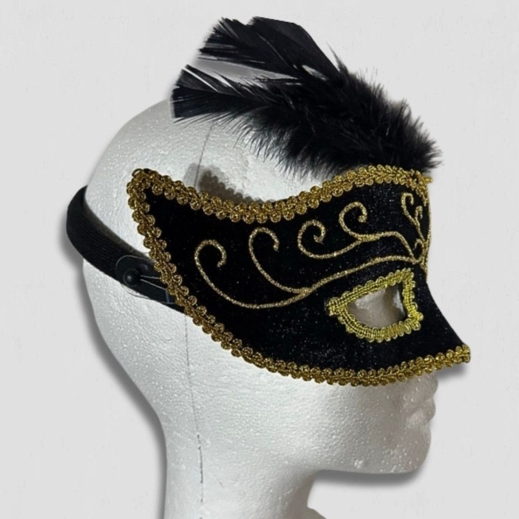 Vintage Mask Swirling Embroidery Feathers Elastic Strap Black/Gold Size ONE SIZE - 3 Thumbnail
