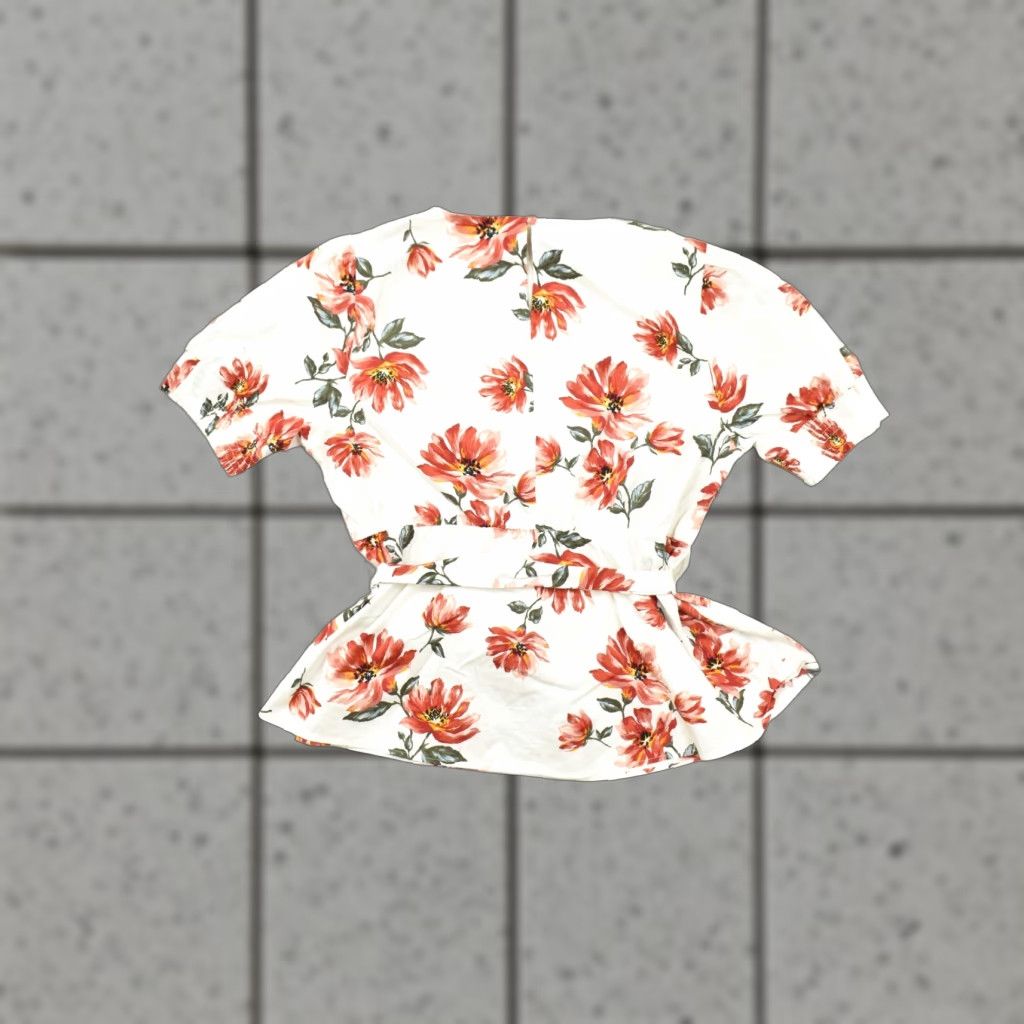 Vintage Lane Bryant Women Size 18 Blouse V-Neck White Floral Belted Peplum Top Cotton Spandex Size XXL / US 16-18 / IT 52-54 - 1 Thumbnail