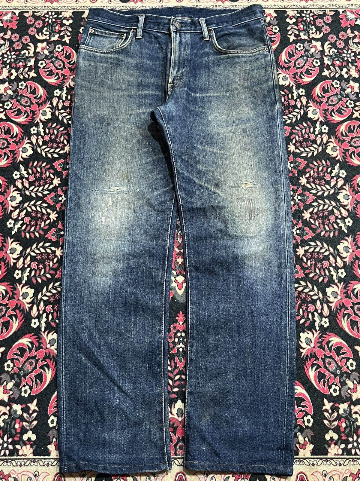 Edwin Edwin 503 Dark Blue Faded Washed Repaired Knee Straight Jean Size US 31 - 1 Thumbnail