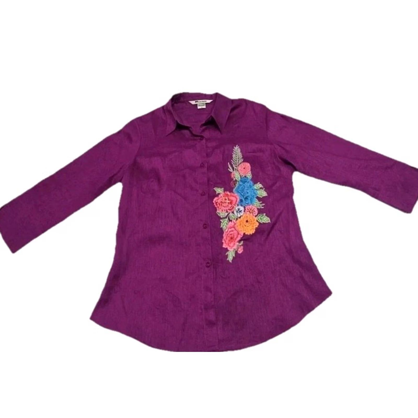 Vintage Nygard Button Shirt Women 10 Linen Blend Magenta Floral Embroidered Collared Long Sleeve Shirt Size L / US 10 / IT 46 - 2 Thumbnail