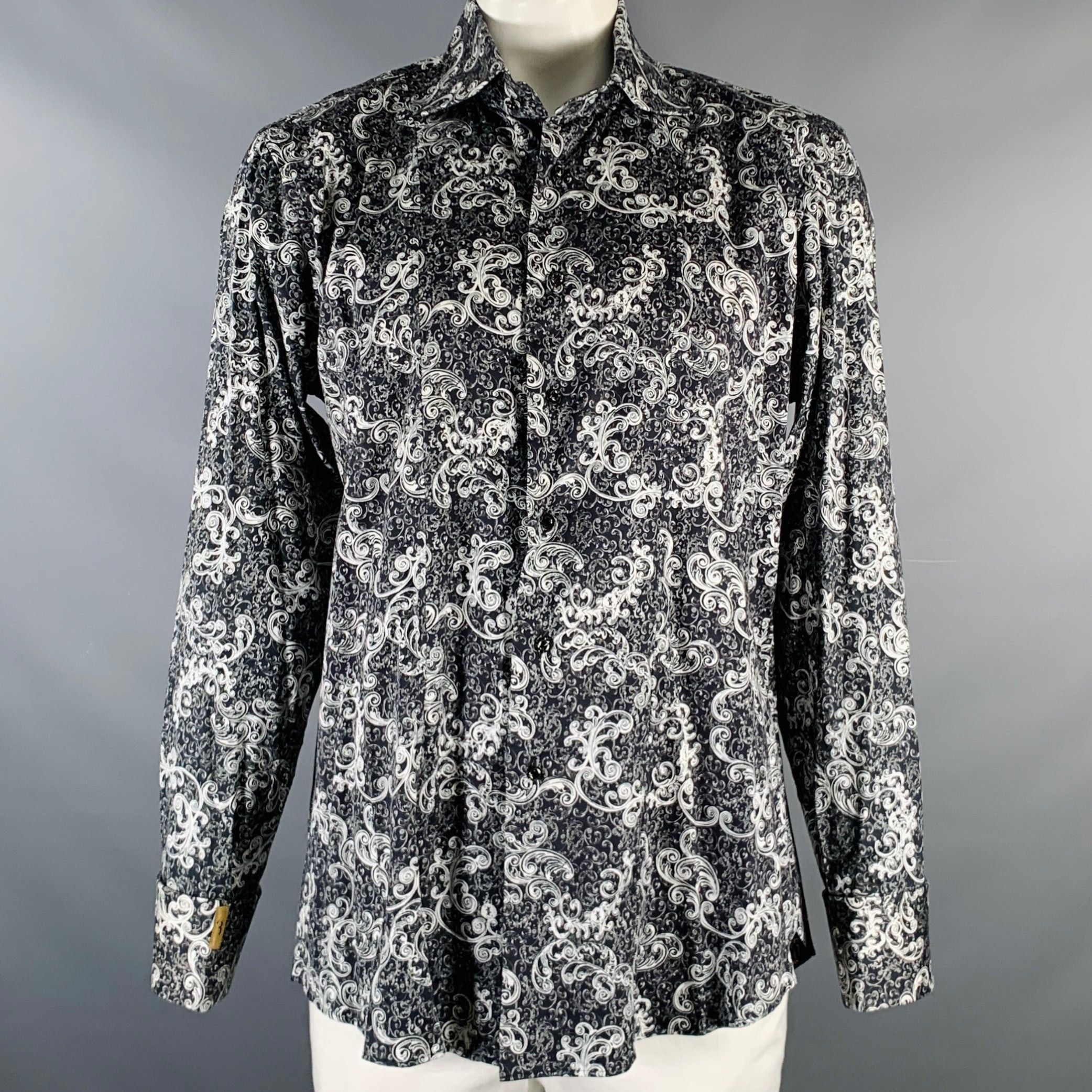 image of Billionaire Couture Black White Print Cotton Blend Long Sleeve Shirt, Men's (Size XL)