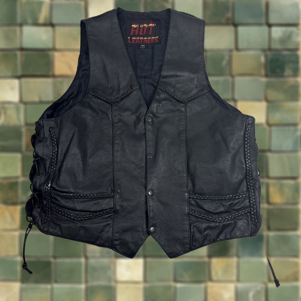 Vintage VINTAGE Hot Leathers Motorcycle Vest Men’s Side 48 Black Braided Patches Drawstring Side Mens Vest 48 Black Size US M / EU 48-50 / 2 - 1 Thumbnail