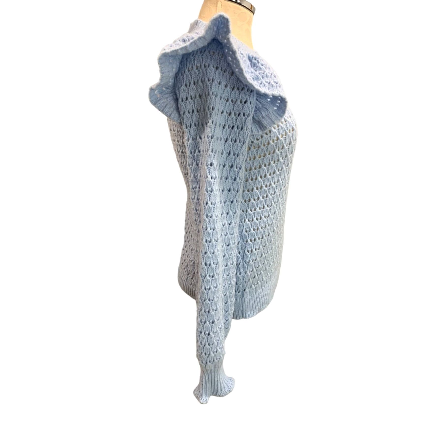 Loft VINTAGE Loft XS Womens Blue Open Weave Sweater Ruffle Shoulder Pullover Size XS / US 0-2 / IT 36-38 - 7 Thumbnail