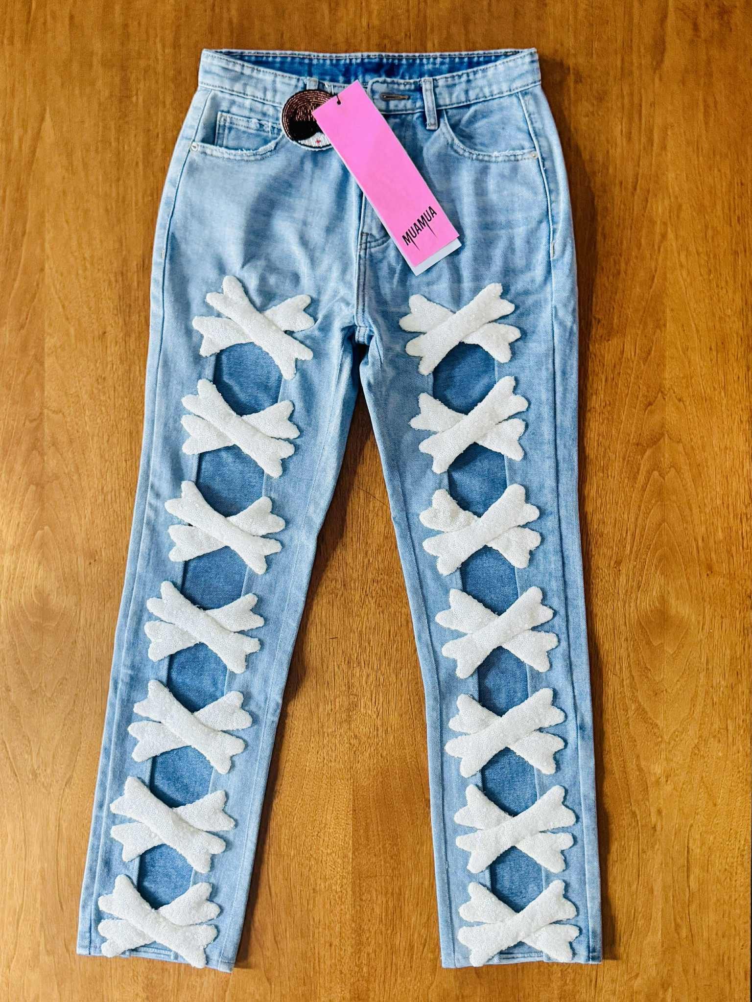 Other White Sequin Bone Tie Washed Denim Jeans Size 28" / US 6 / IT 42 - 1 Thumbnail