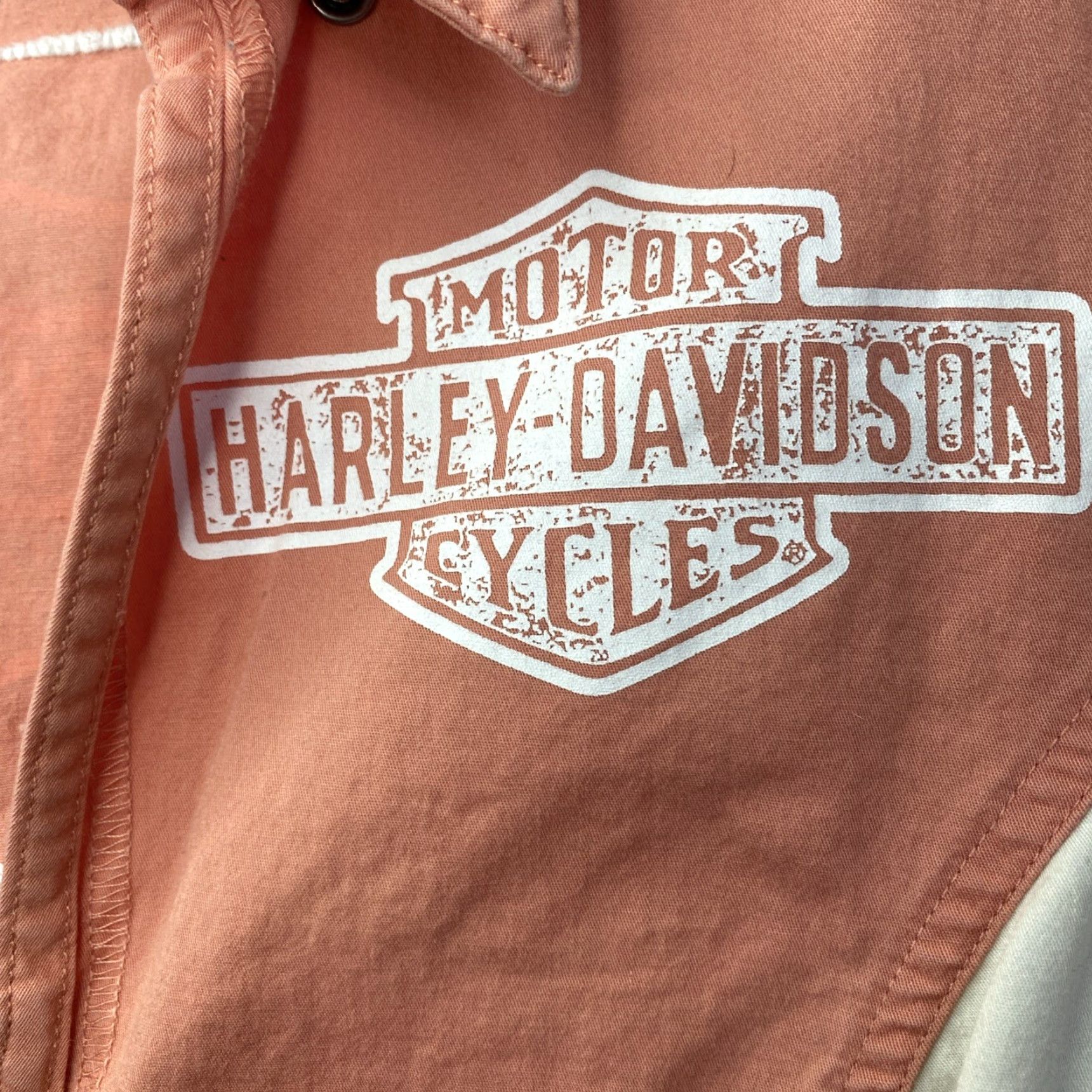 Harley Davidson VTG Y2K HARLEY-DAVIDSON GENUINE MOTORS ORANGE WHITE ZIP-UP SHIRT M Womens V-Neck Short Sleeve Slim Fit Cotton Blend Embroidered Zip Vintage: Yes Size M / US 6-8 / IT 42-44 - 3 Thumbnail