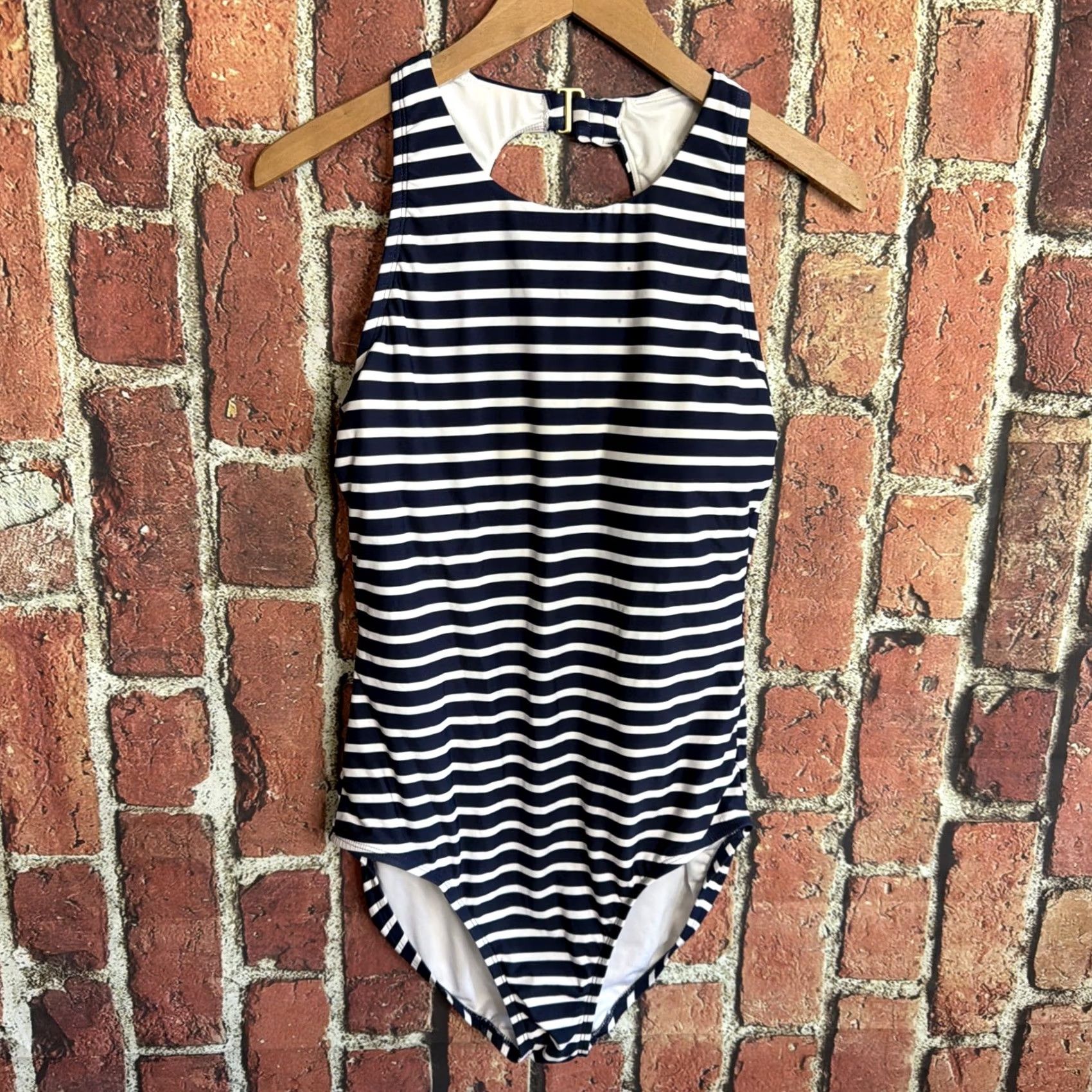 Lands' End Lands' End One Piece Swimsuit Lined Built-In Bra Removable Pads High Neck Blue & White Striped Women Size L Size ONE SIZE - 2 Thumbnail