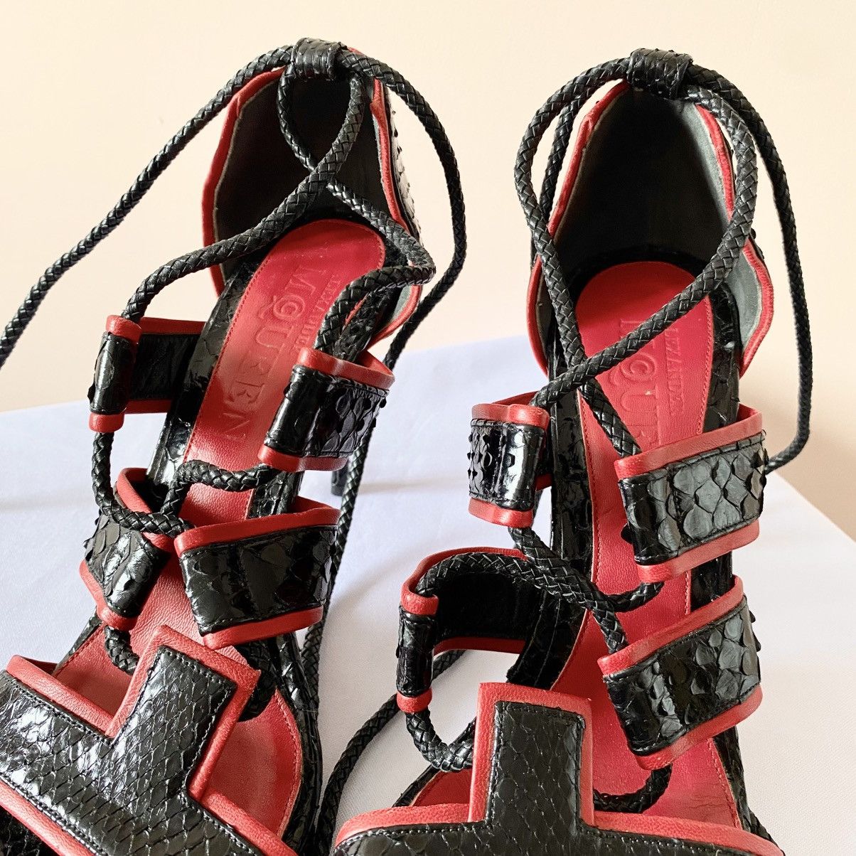 Alexander McQueen Alexander McQueen Python Black/Red Lace Up Heels Sandals Y2K Size US 10 / IT 40 - 5 Thumbnail