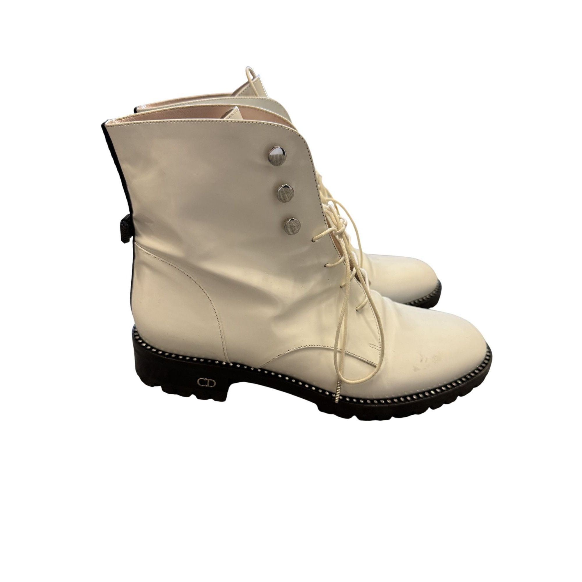 Dior Christian Dior White Leather Lace-Up Ankle Boots With Studde Size US 8 / IT 38 - 7 Thumbnail