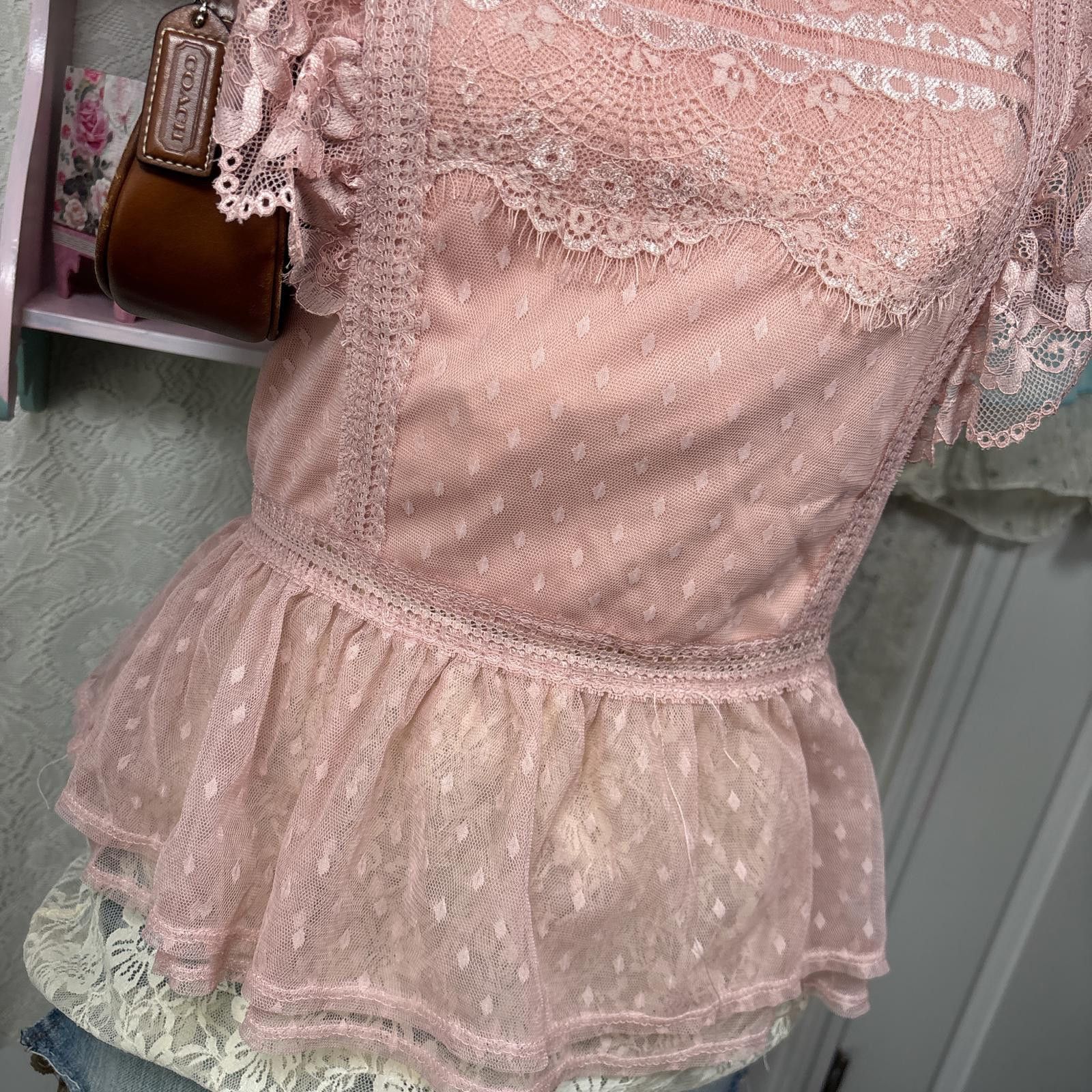 Other vintage lace pink coquette ruffle blouse Size L / US 10 / IT 46 - 2 Thumbnail