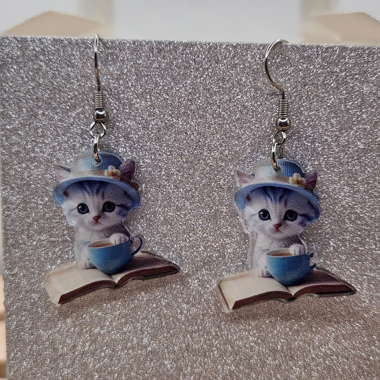 Other Gray Cat in Blue Teacup Sitting on Book Acrylic Earrings Size ONE SIZE - 7 Thumbnail