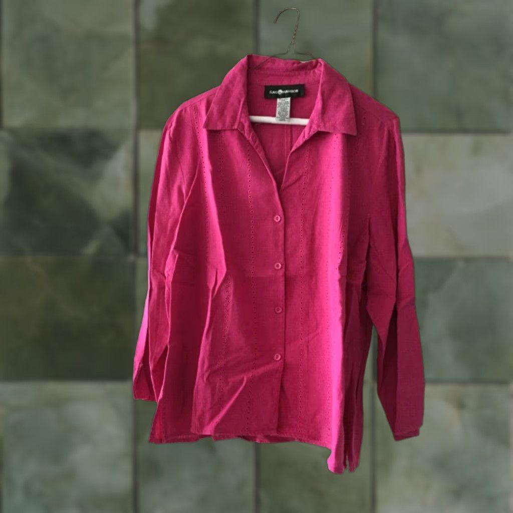 Vintage VINTAGE Sag Harbor Blouse Women Large Pink Embroidered Button-Down Shirt Long Sleeve Size L / US 10 / IT 46 - 1 Thumbnail