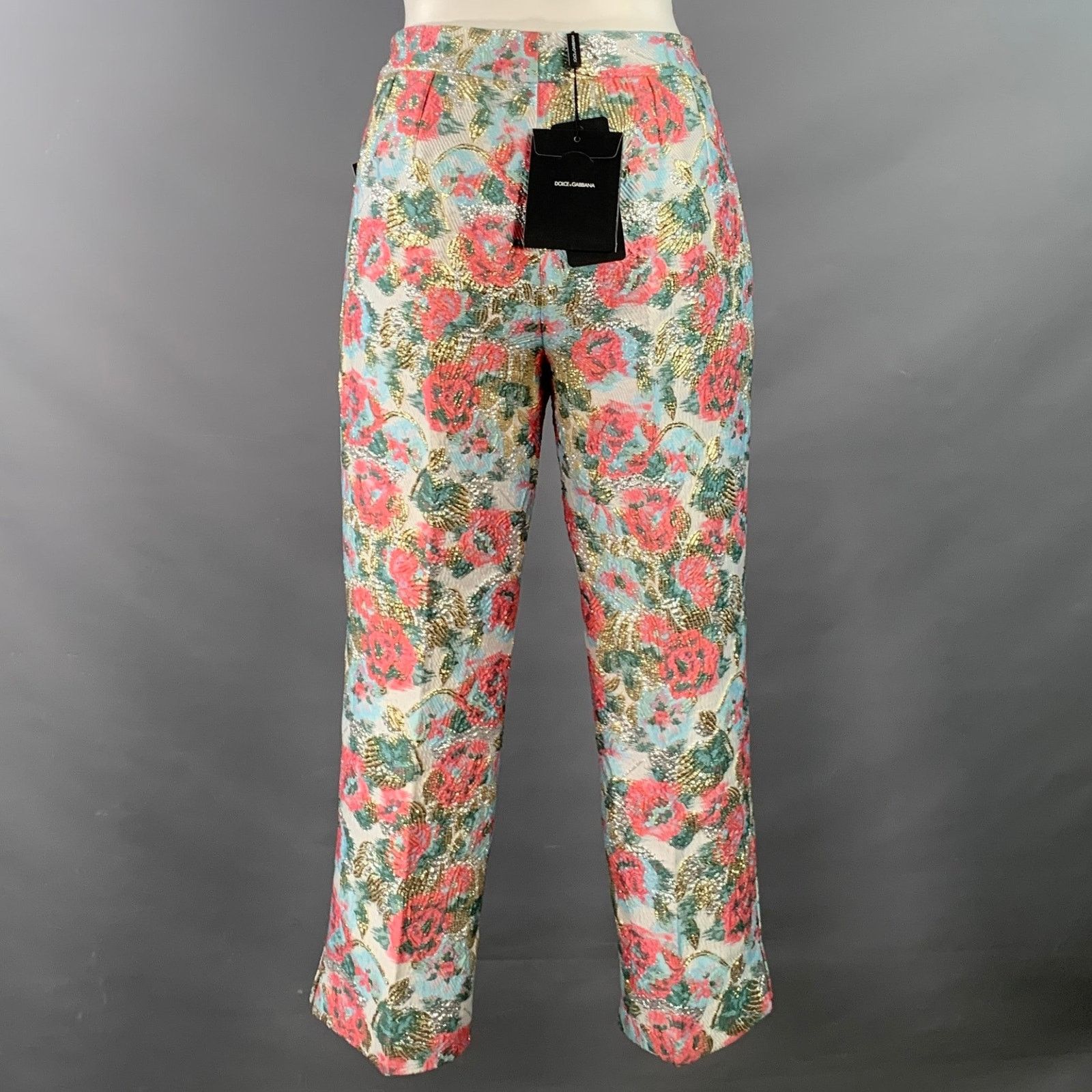 Dolce & Gabbana Size 6 White Pink Jacquard Floral Capri Dress Pants Size 28" / US 6 / IT 42 - 3 Thumbnail