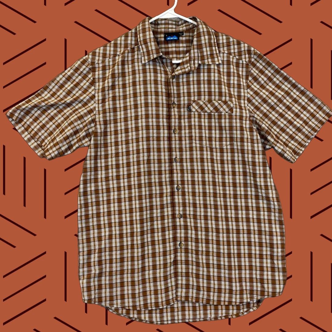 KAVU KAVU Shirt Mens Large Gray Brown Plaid Button Up Hiking Trail Top Short Sleeve Size US L / EU 52-54 / 3 - 1 Thumbnail